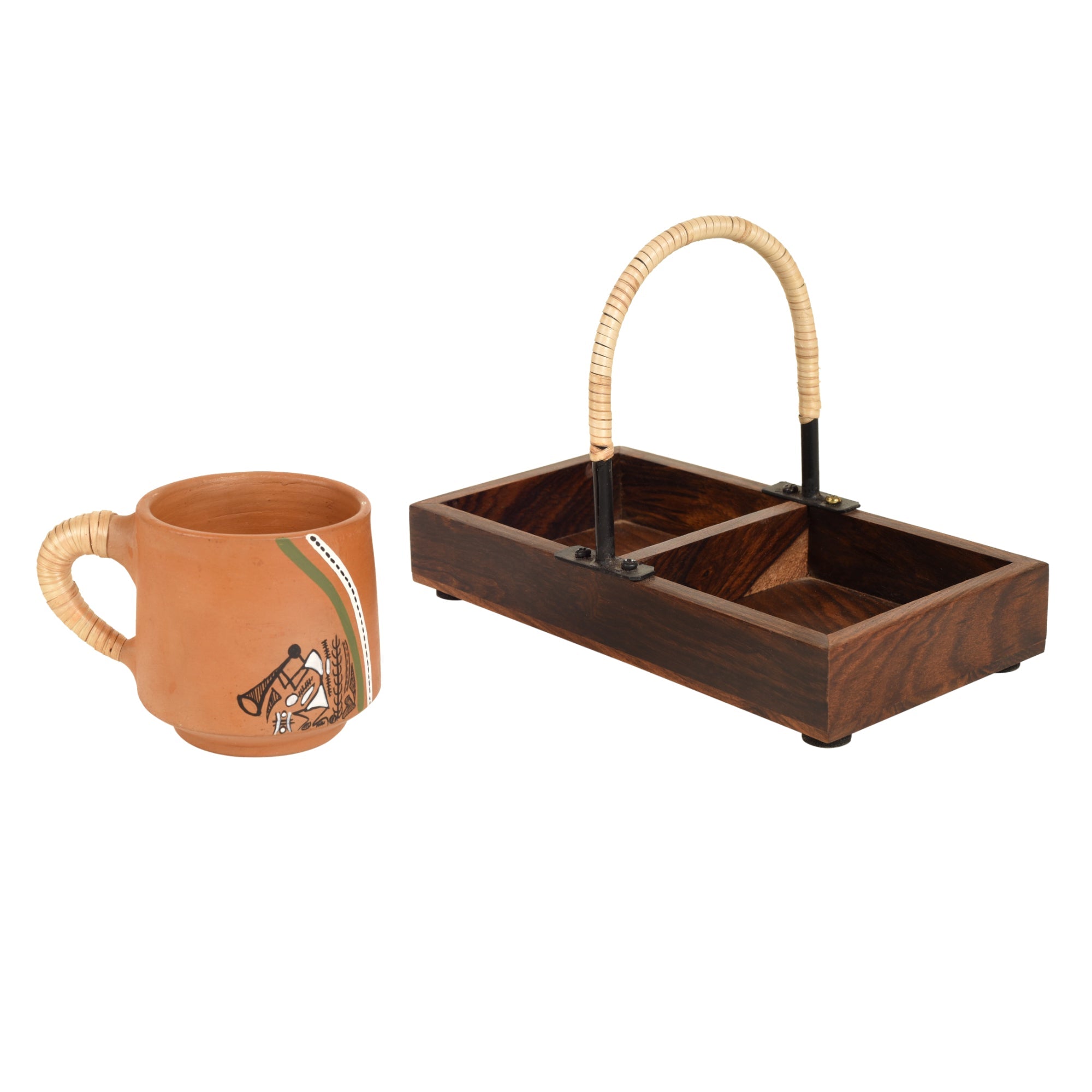 ART CREATIONS BY SUMAN SONTHALIA Brown - Happy Morning Earthen Cups with Cane Embellished Tray - view 5