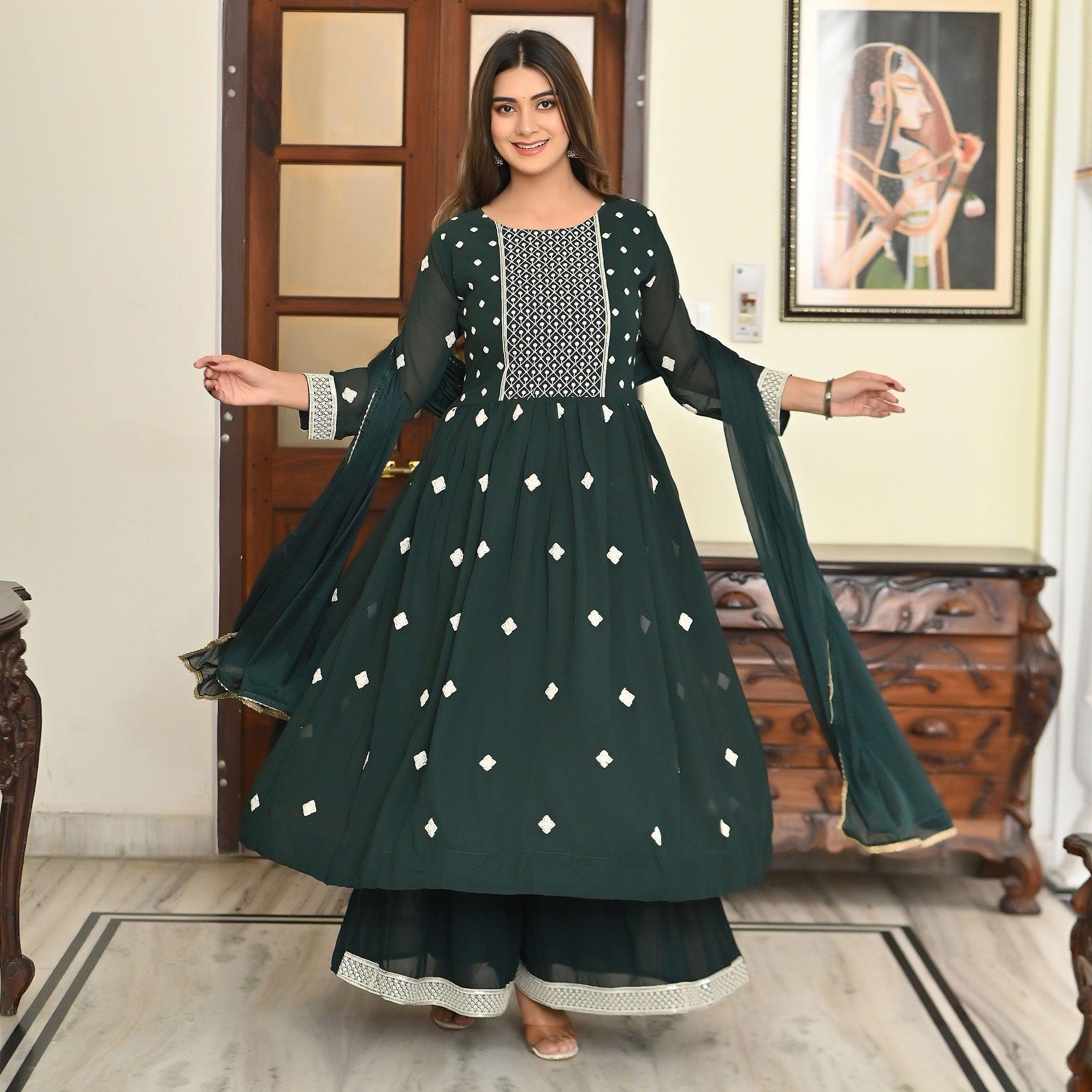 Green suits – BlackTree green-embroidered-georgette-sharara-suit-2