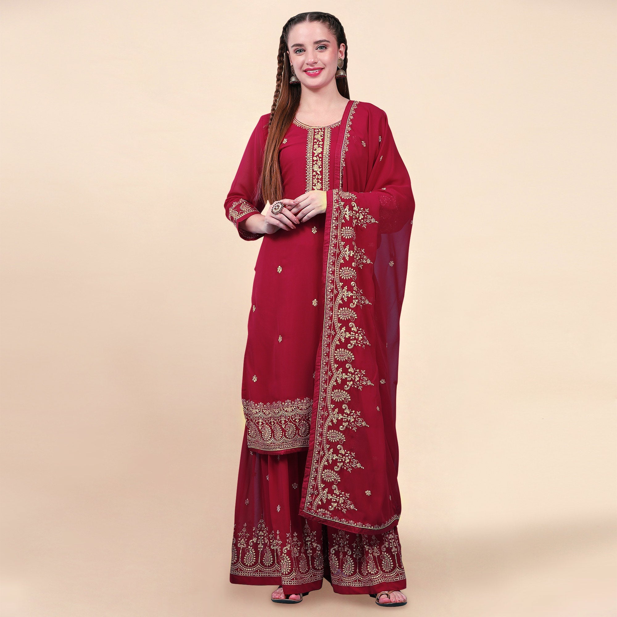 Peachmode Maroon Floral Embroidered Georgette Semi Stitched Suit - view 2