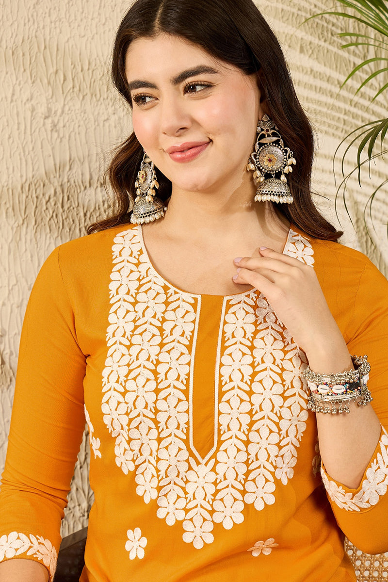 Ahika Yellow Viscose Rayon Solid Embroidered Straight Kurta VCK9785 - view 2