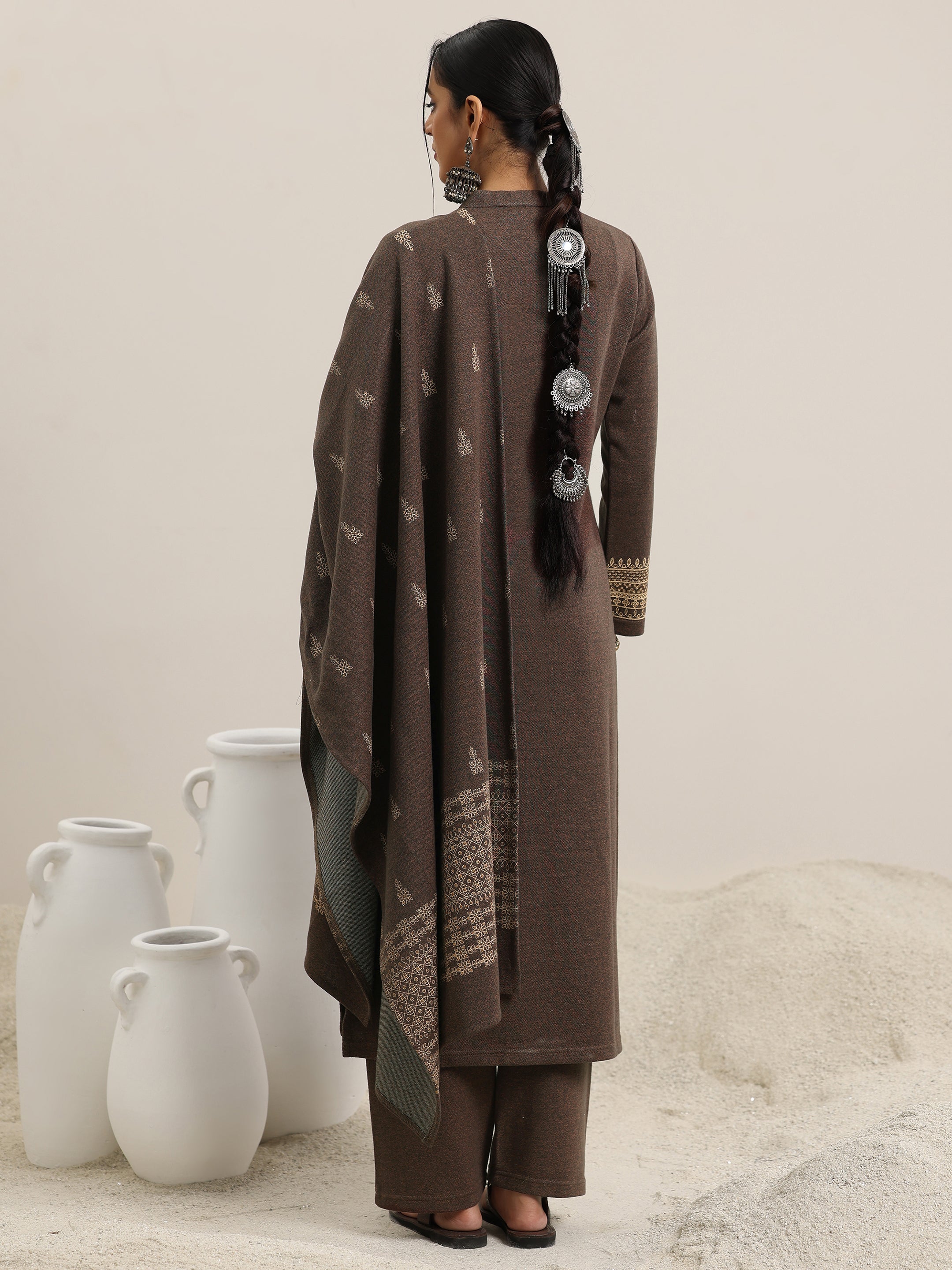Libas Brown Yoke Design Wool Blend Straight Suit With Dupatta - view 4