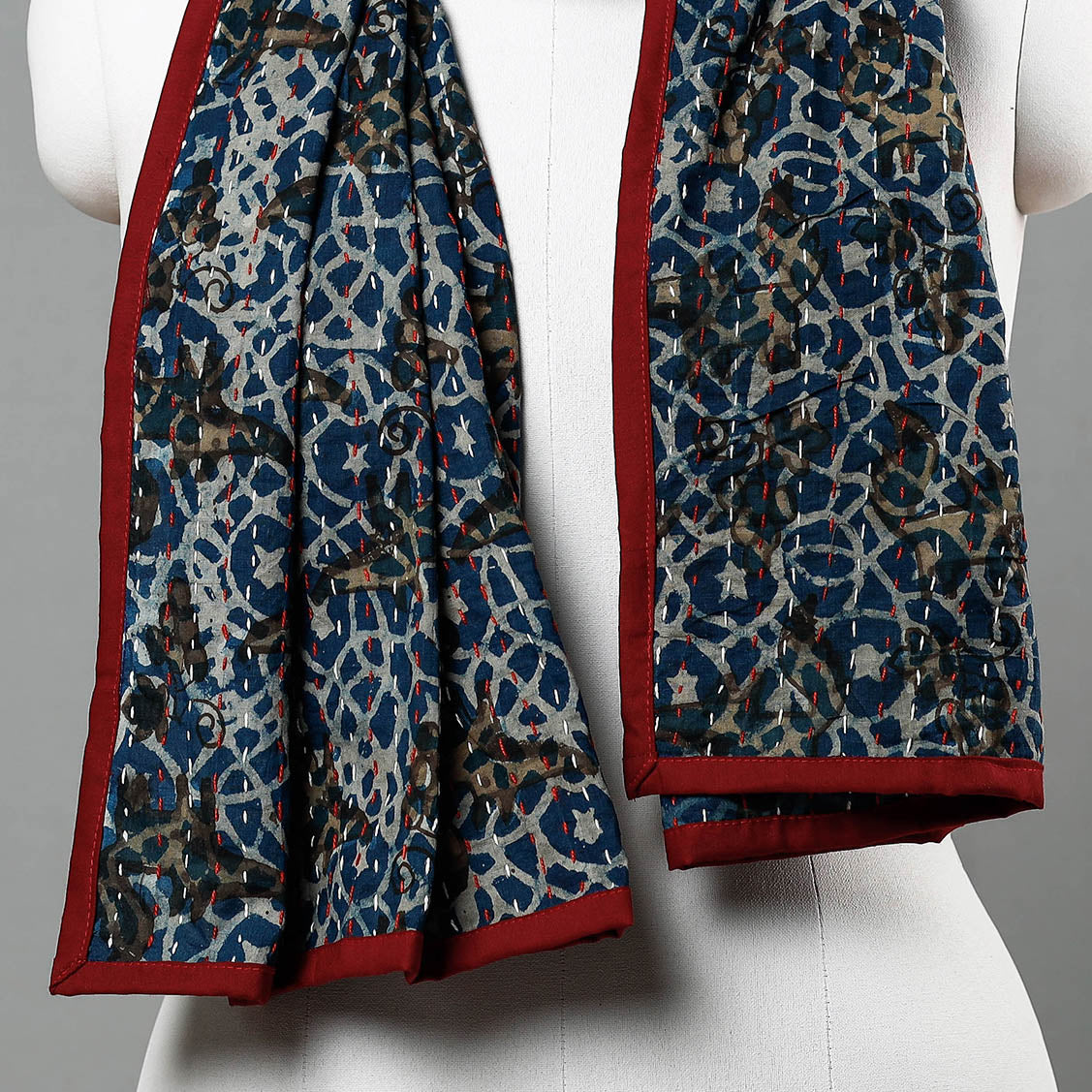 ARTISAN HAND BLOCK PRINTS Blue - Bagru Block Printed Tagai Work Cotton Stole - view 2