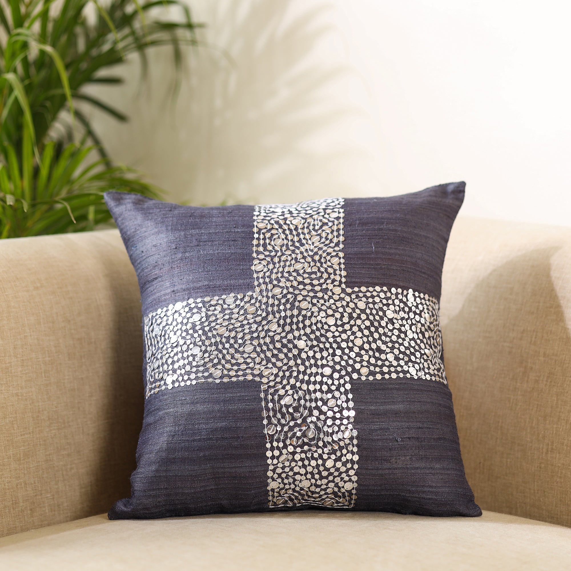 CHHATTISGARH HASTSHILP VIKAS BOARD Black - Aari Embroidery Sequin Work Ghicha Silk Cushion Cover (16 x 16 in)
