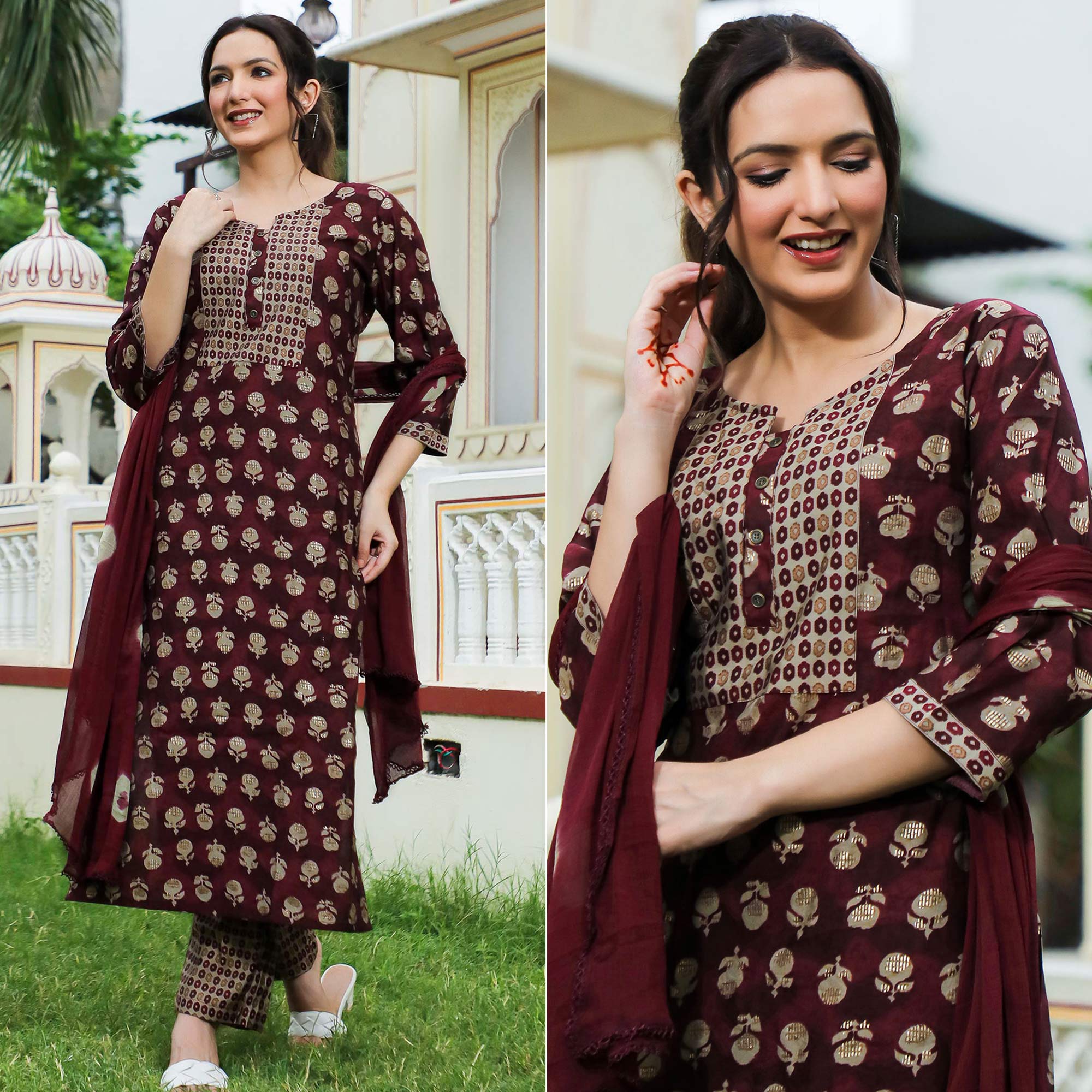 Peachmode Maroon Floral Foil Printed Modal Suit