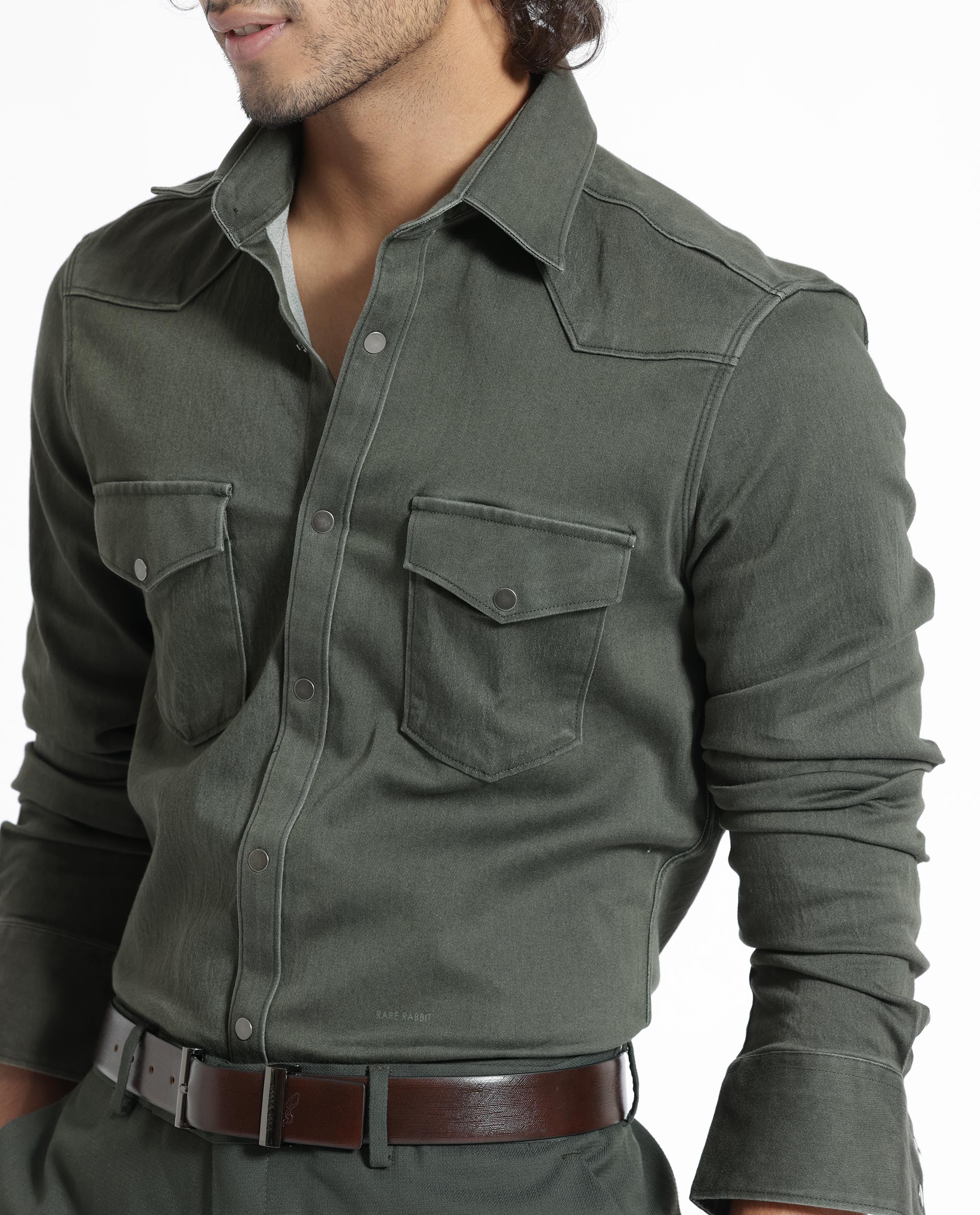 Rare Rabbit Men's Xenon Olive Cotton Polyester Fabric Full Sleeves Solid Shirt - view 7