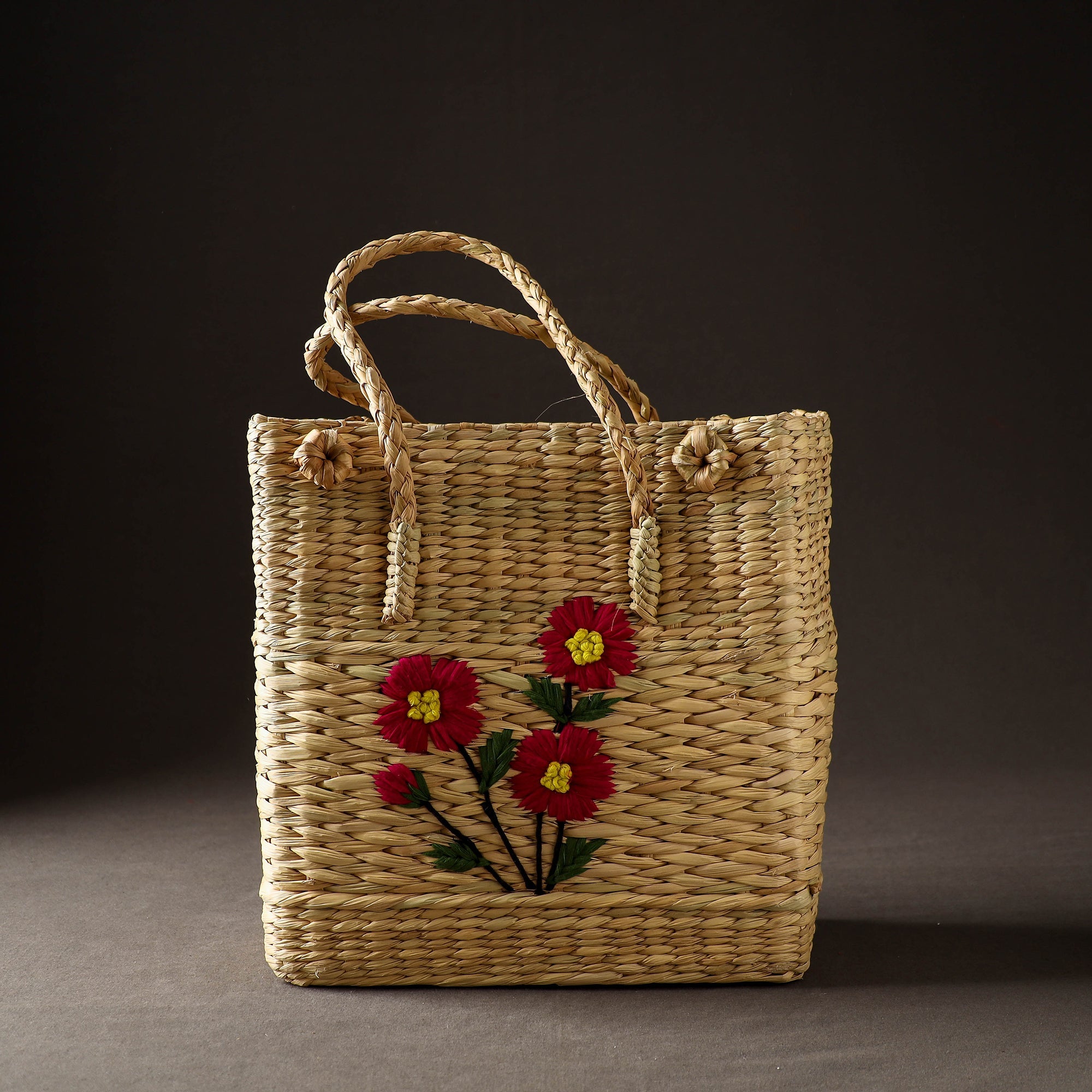 ITOKRI CRAFTS INITIATIVE Beige - Handcrafted Natural Water Reed Embroidered Shopping Bag