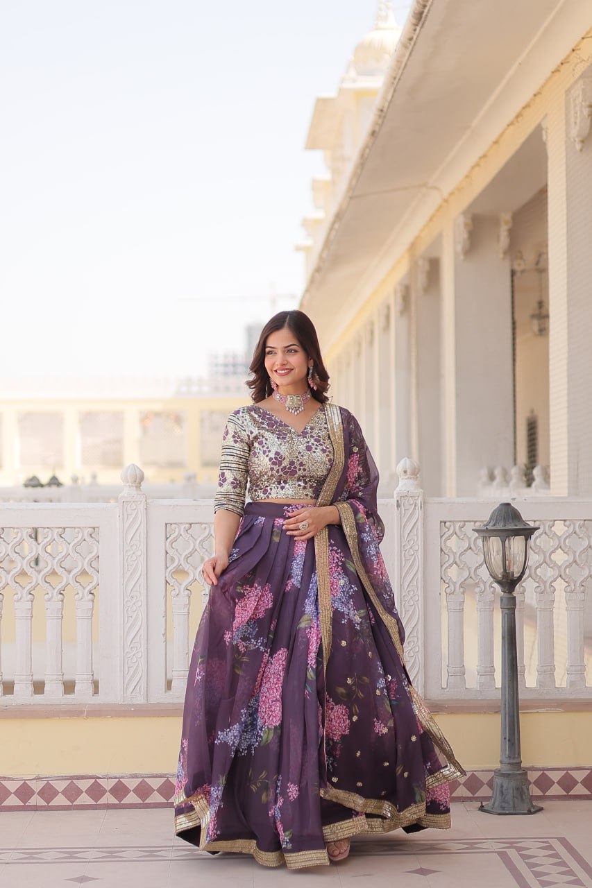 ClothsVilla Wine Exquisite Women's Fully Flaired Lehenga Set in Digital Printed Russian Silk with Sequins Embroidery