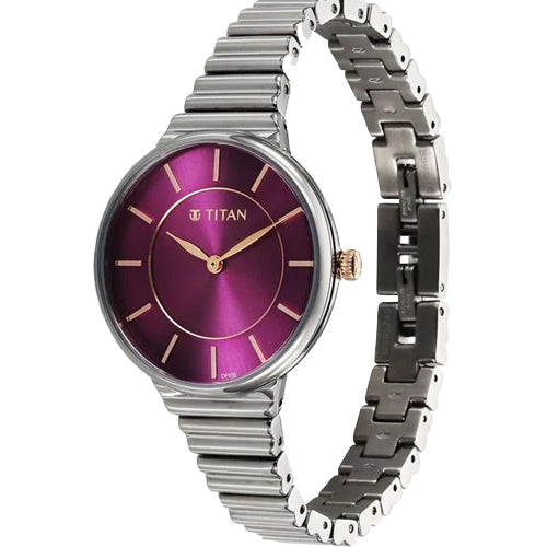 Titan Aura Quartz Analog Purple Dial Stainless Steel Strap Watch for Women 34mm 95245KM01 - view 2