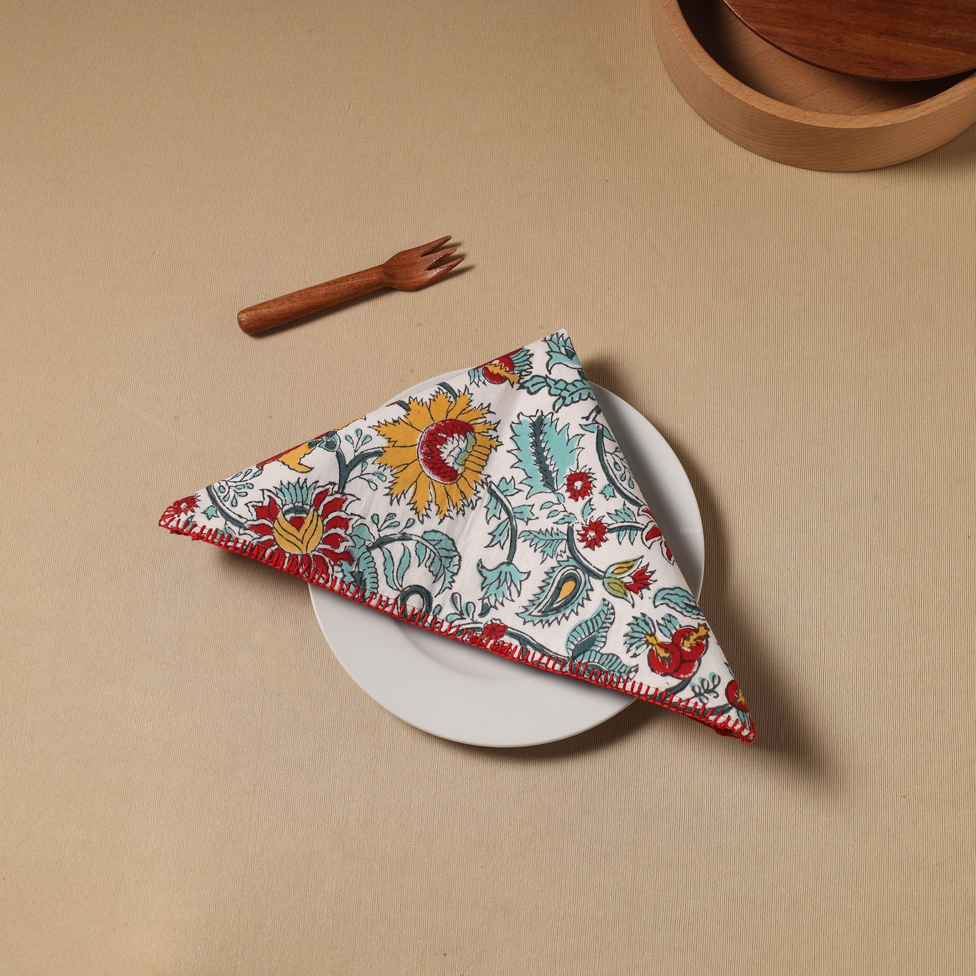 NOORI BAZAR Floral Block Print Cotton Hand Embroidery Table Napkin 08