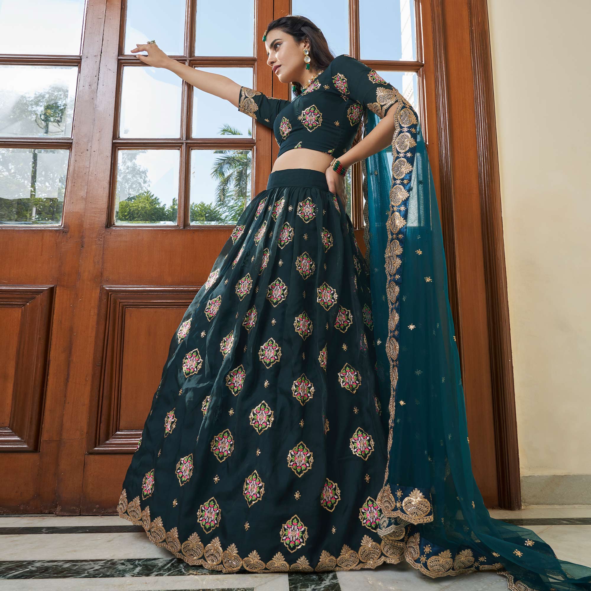 Peachmode Morpich Sequins Embroidered Organza Lehenga Choli - view 4