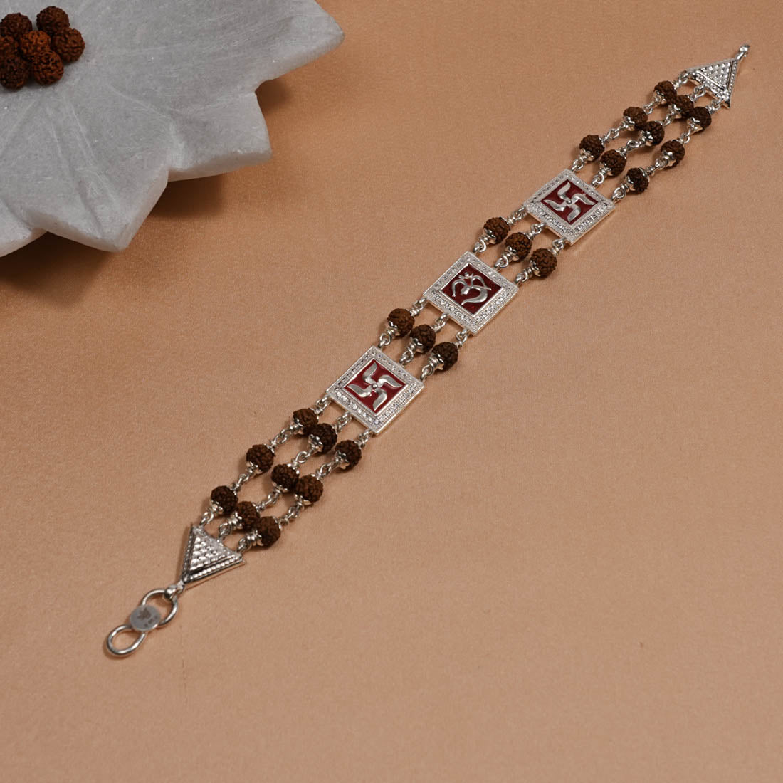 Prinjal Jewellers Rudraksha Silver Om With Swastik Tripal Line Bracelet - view 2