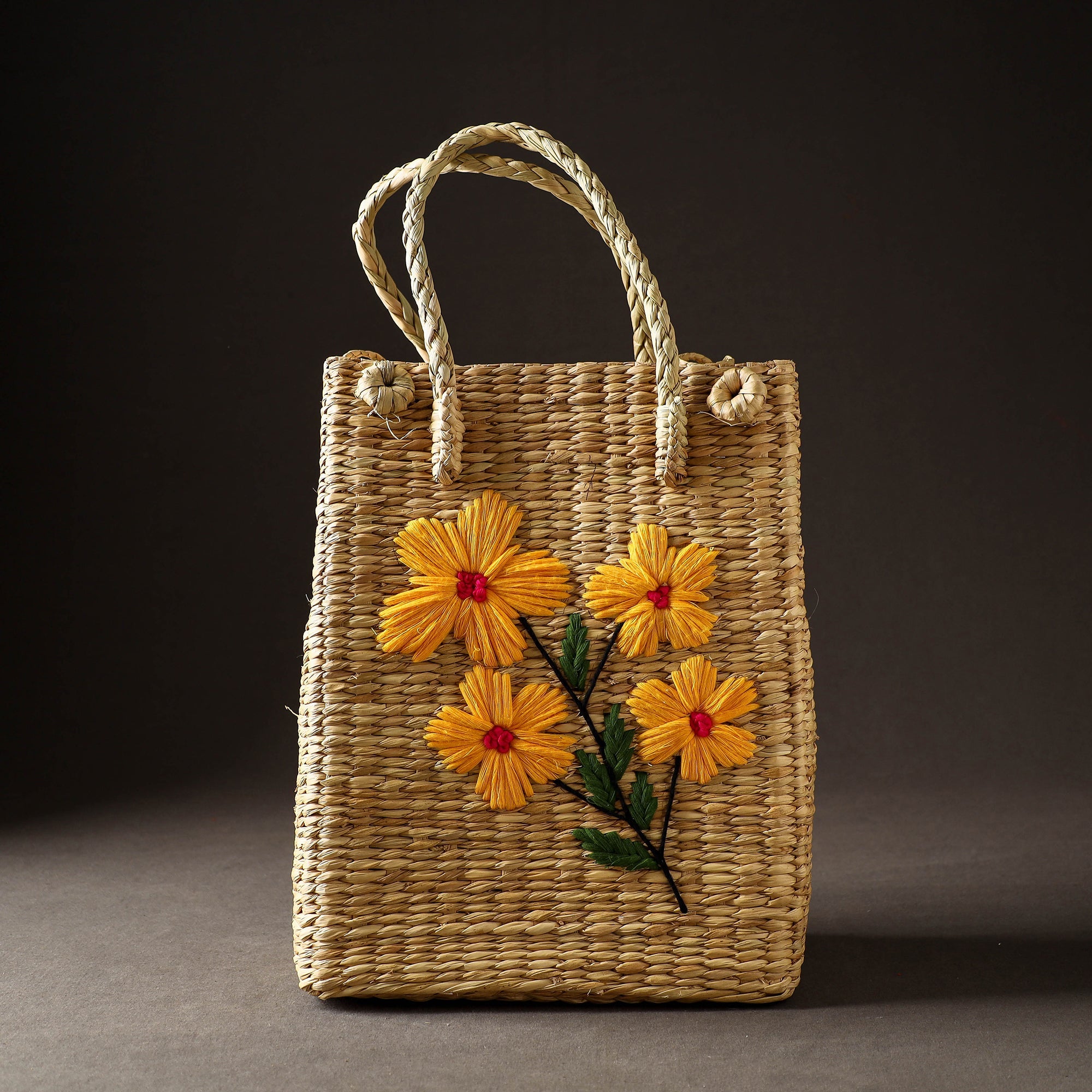 ITOKRI CRAFTS INITIATIVE Beige - Handcrafted Natural Water Reed Embroidered Shopping Bag