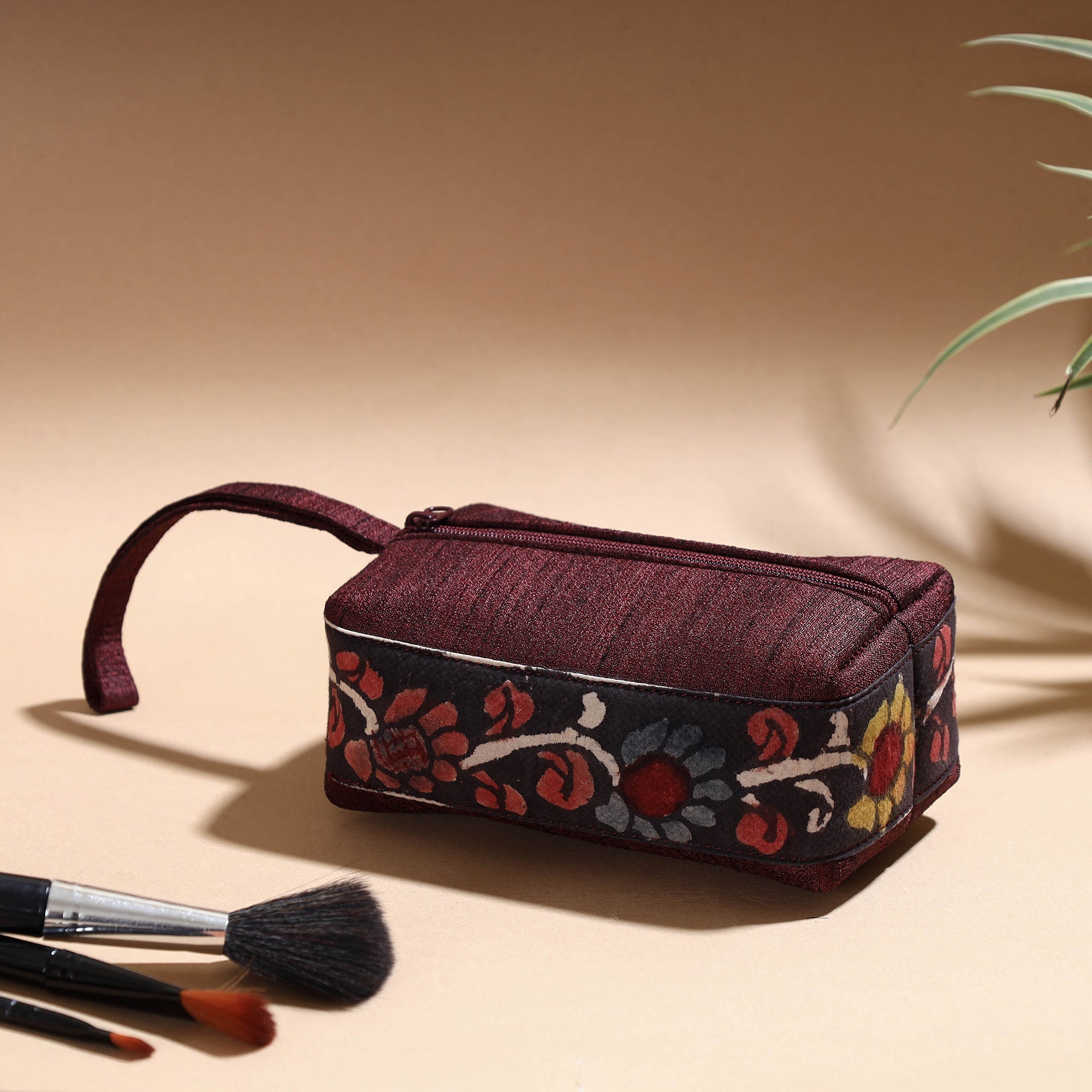 DWARAKA PLUS Brown - Handpainted Kalamkari Natural Dyed Ghicha Silk Multipurpose Cosmetic/Toiletry Pouch