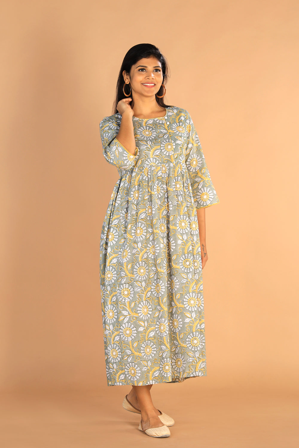 Kalanjali Ethnics Floral Sanganeri hand block printed cotton dress - view 6
