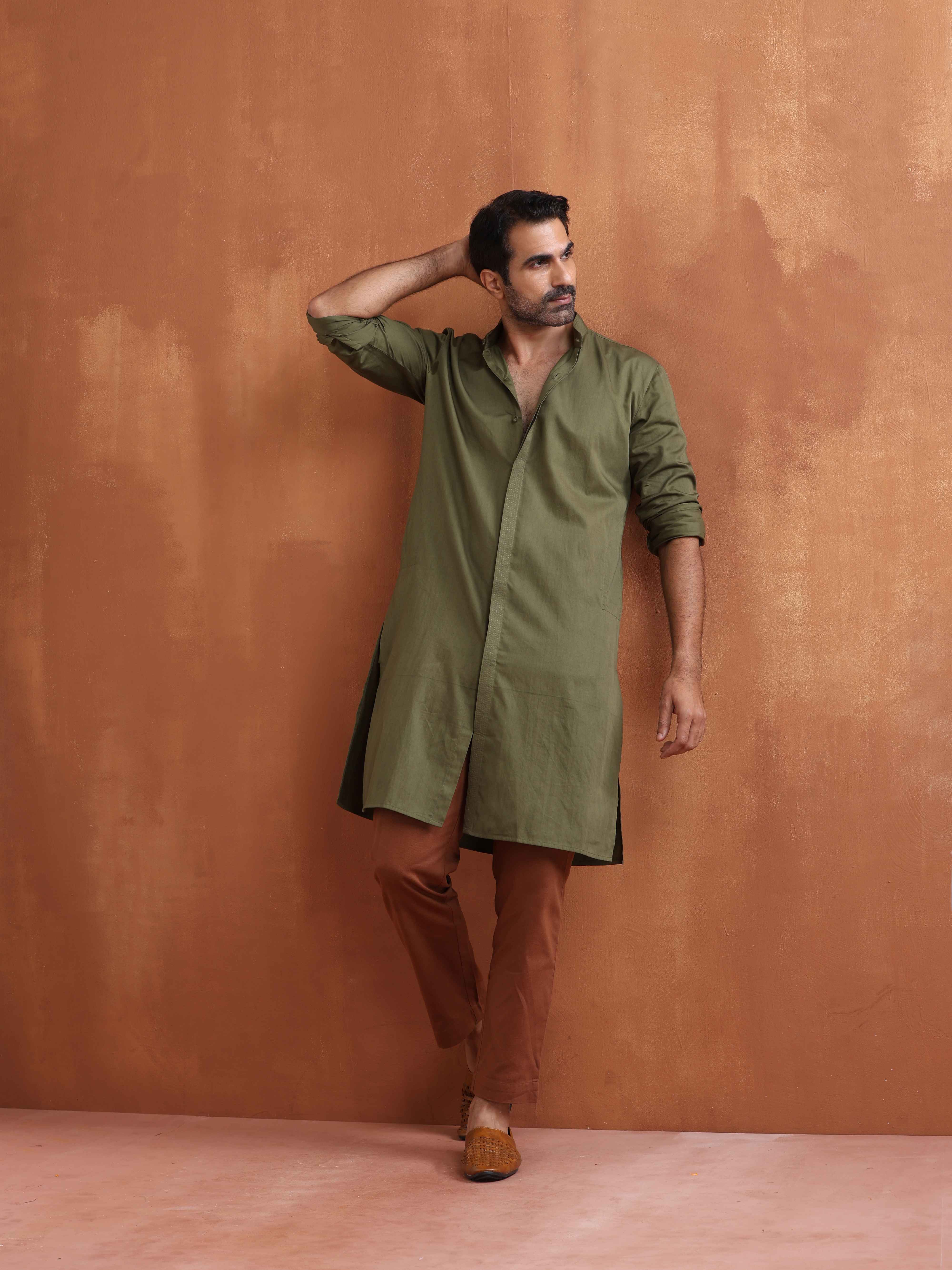 trueBrowns Men's Olive Green Cotton Front Open Kurta - view 2