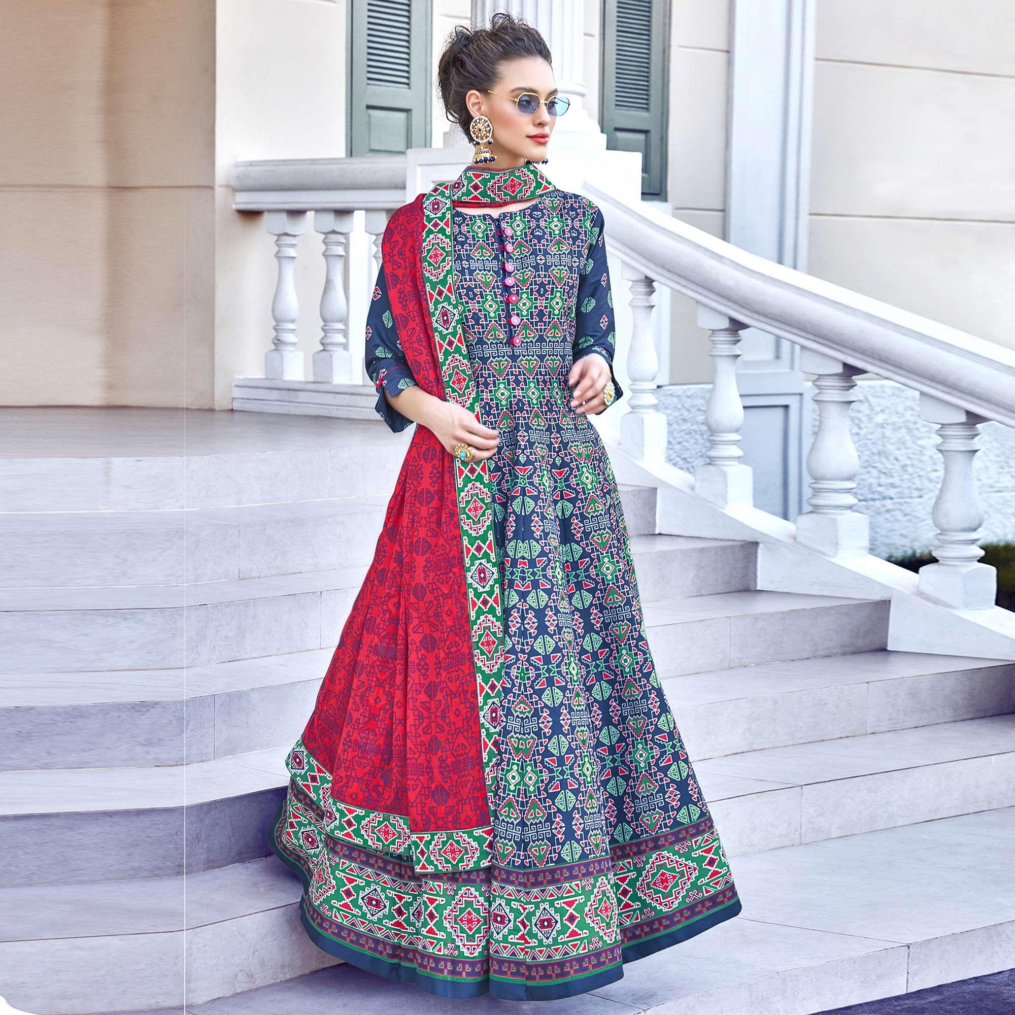 Peachmode Seller Exotic Navy Blue Colored Partywear Designer Digital Patola Print Killer Silk Anarkali Suit