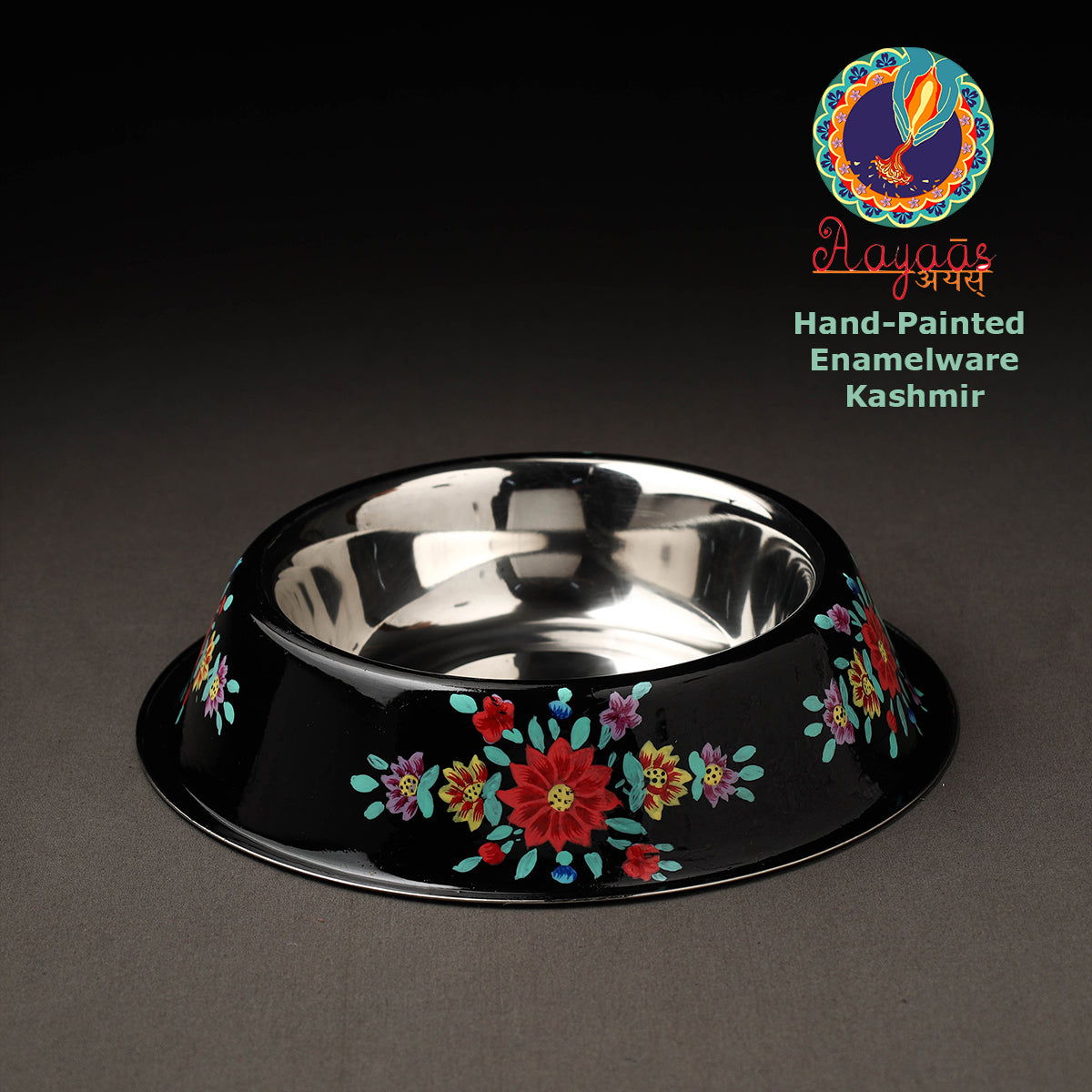 AAYAAS Black - Floral Handpainted Enamelware Stainless Steel Pet Bowl