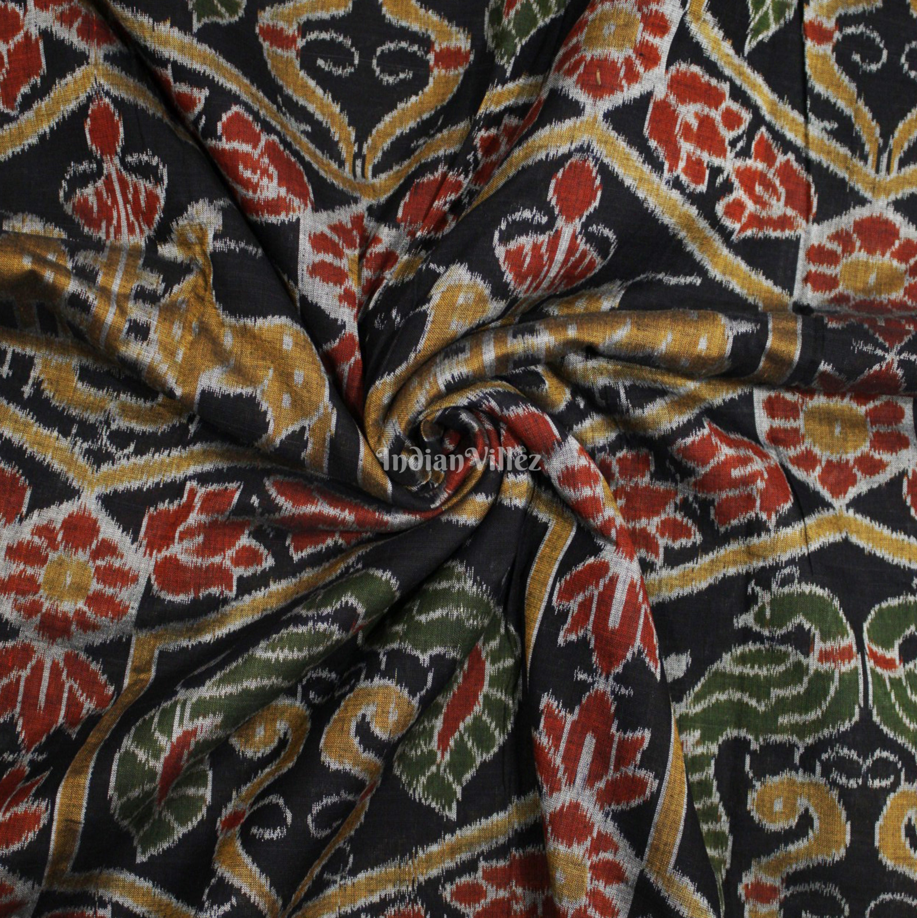 IndianVillèz Black Yellow Deer Design Sambalpuri Ikat Cotton Fabric