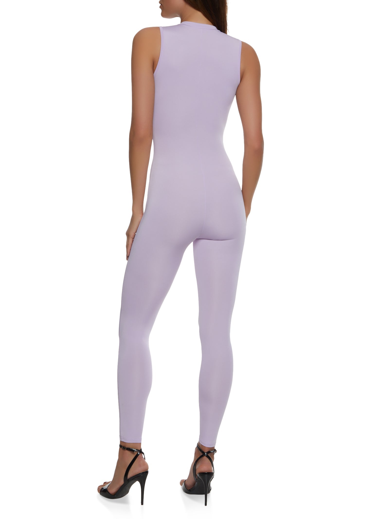 Rainbow Shops Solid Mock Neck Zip Front Sleeveless Catsuit - view 2