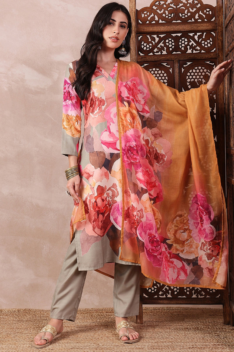 Ahika Olive Green Rayon Blend Floral Printed Straight Trouser Bottom Suit Set PKSKD2556OLV