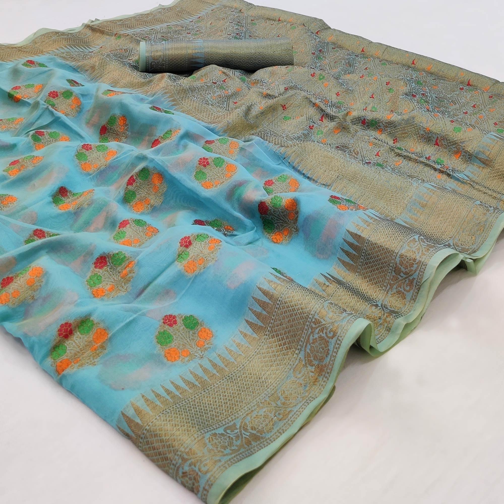 Peachmode Blue Woven Organza Saree – Women's