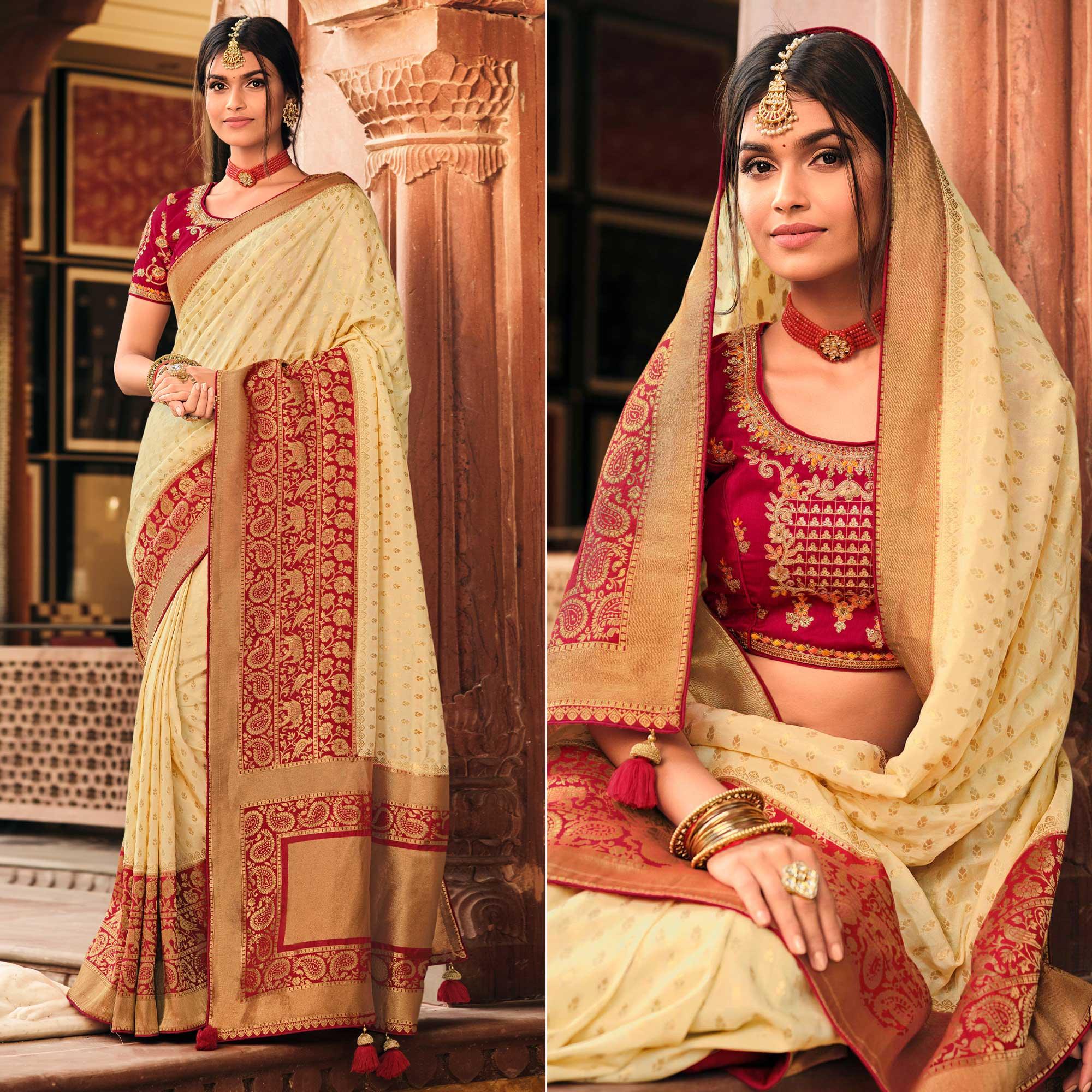 Peachmode Cream Festive Wear Woven Silk Saree