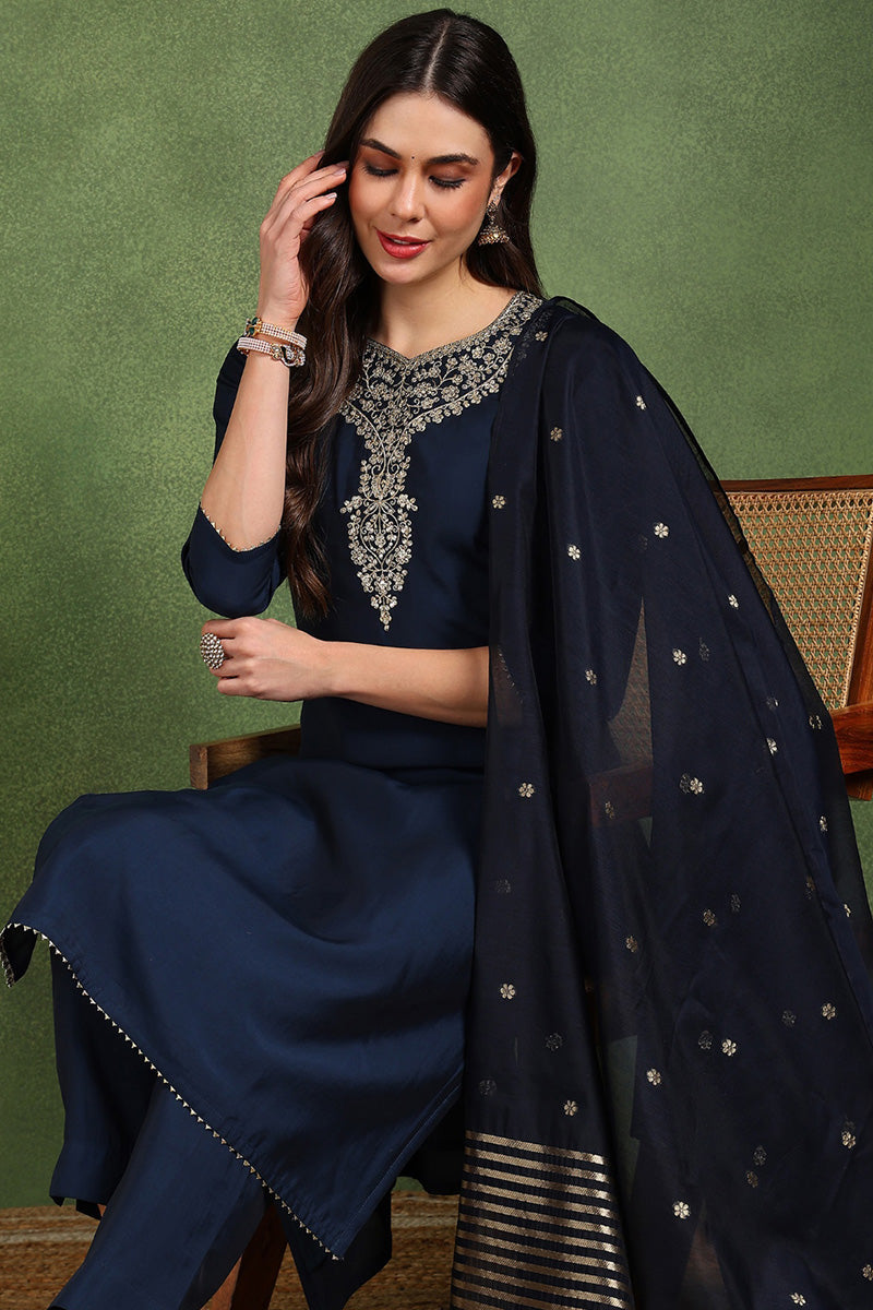Ahika Navy Blue Silk Blend Solid Embroidered Straight Suit Set With Trouser Style Bottom PKSKD2718