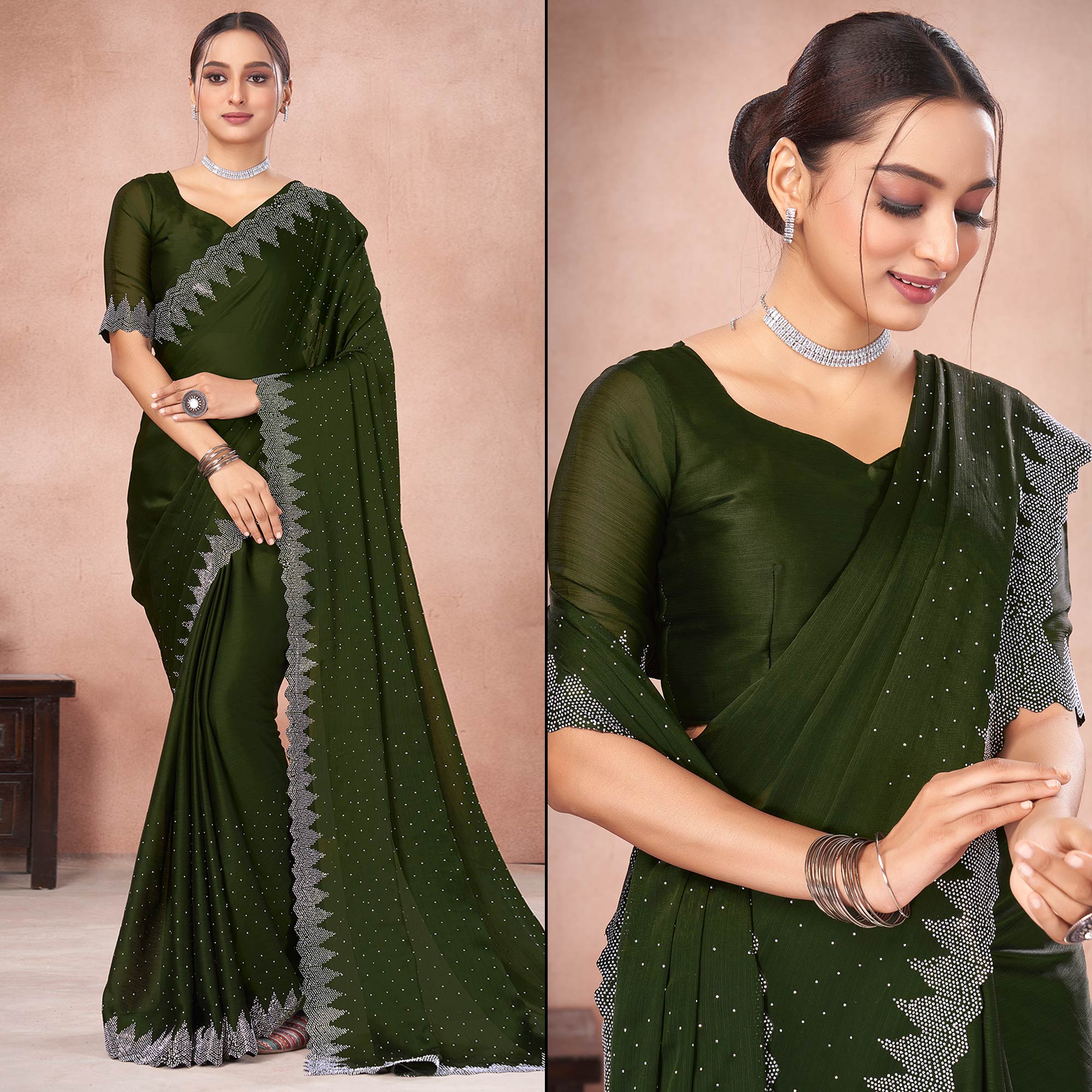 Peachmode Mehendi Green Swarovski Work Satin Saree