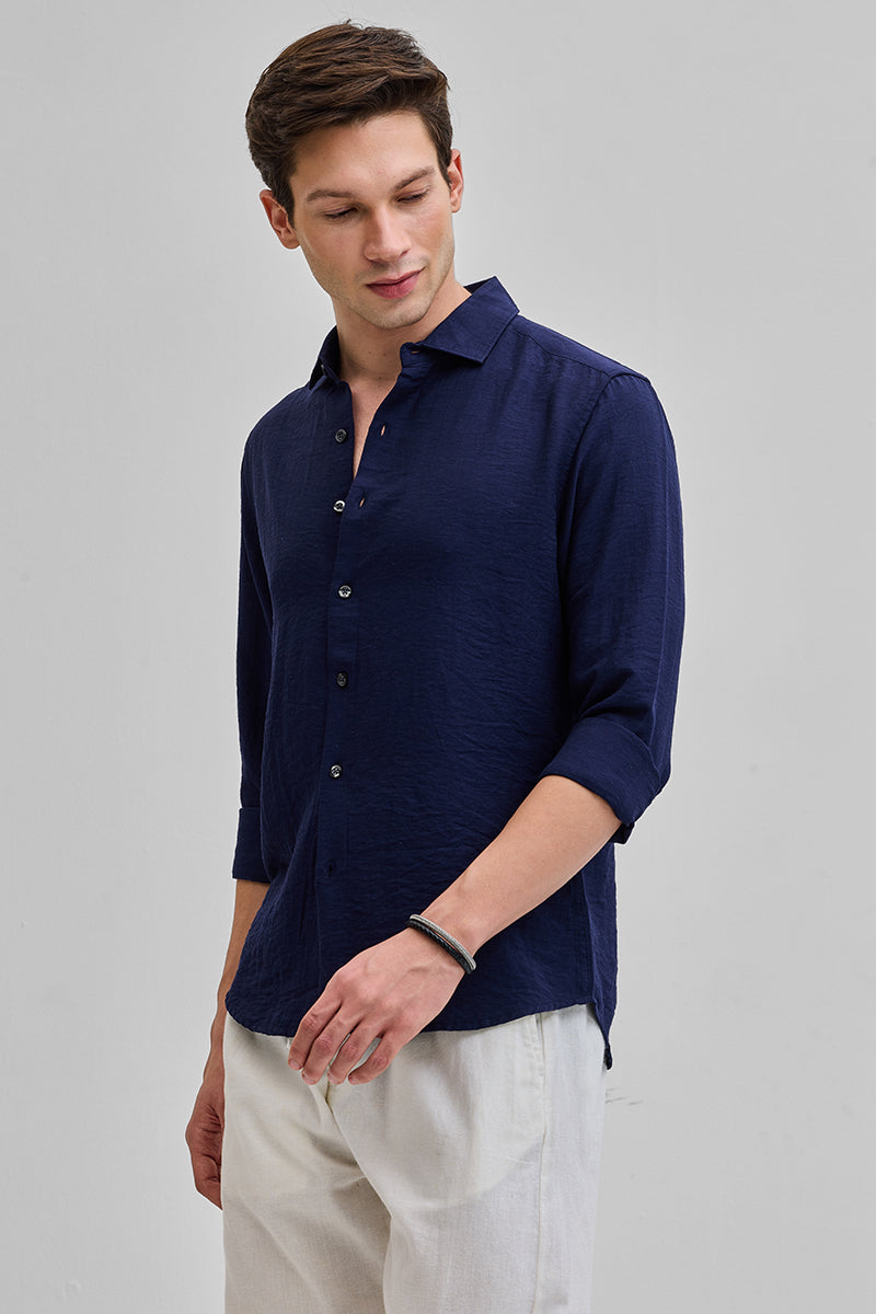 SNITCH Navy Textured Linen Blend Shirt - view 4
