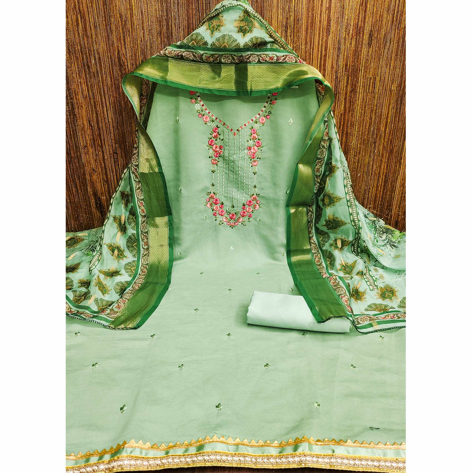 BlackTree green-floral-sequins-embroidered-chanderi-silk-dress-material-1 - view 3