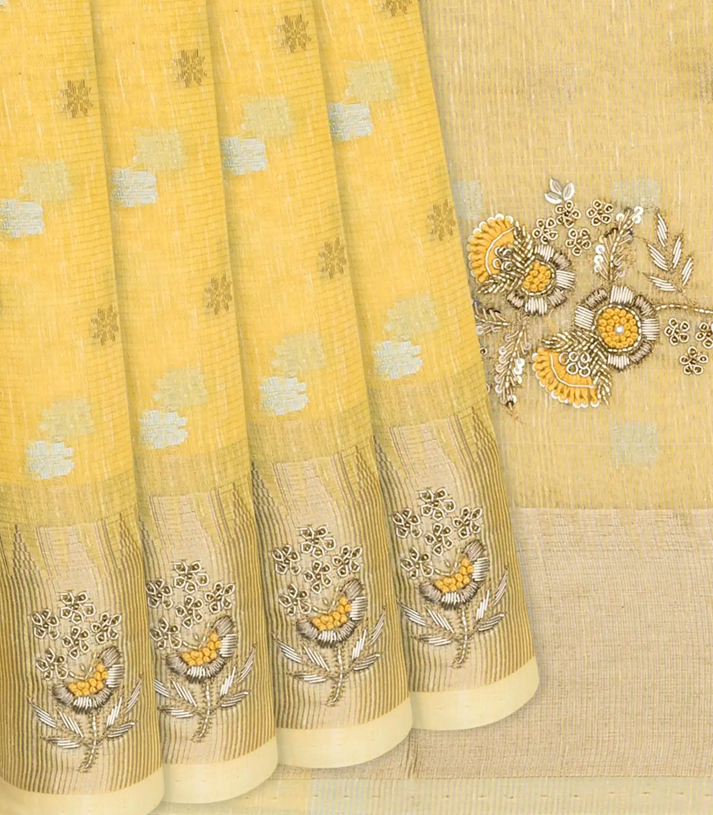 RmKV Yellow Tissue Embroidered Saree With Floral Motifs-Yellow