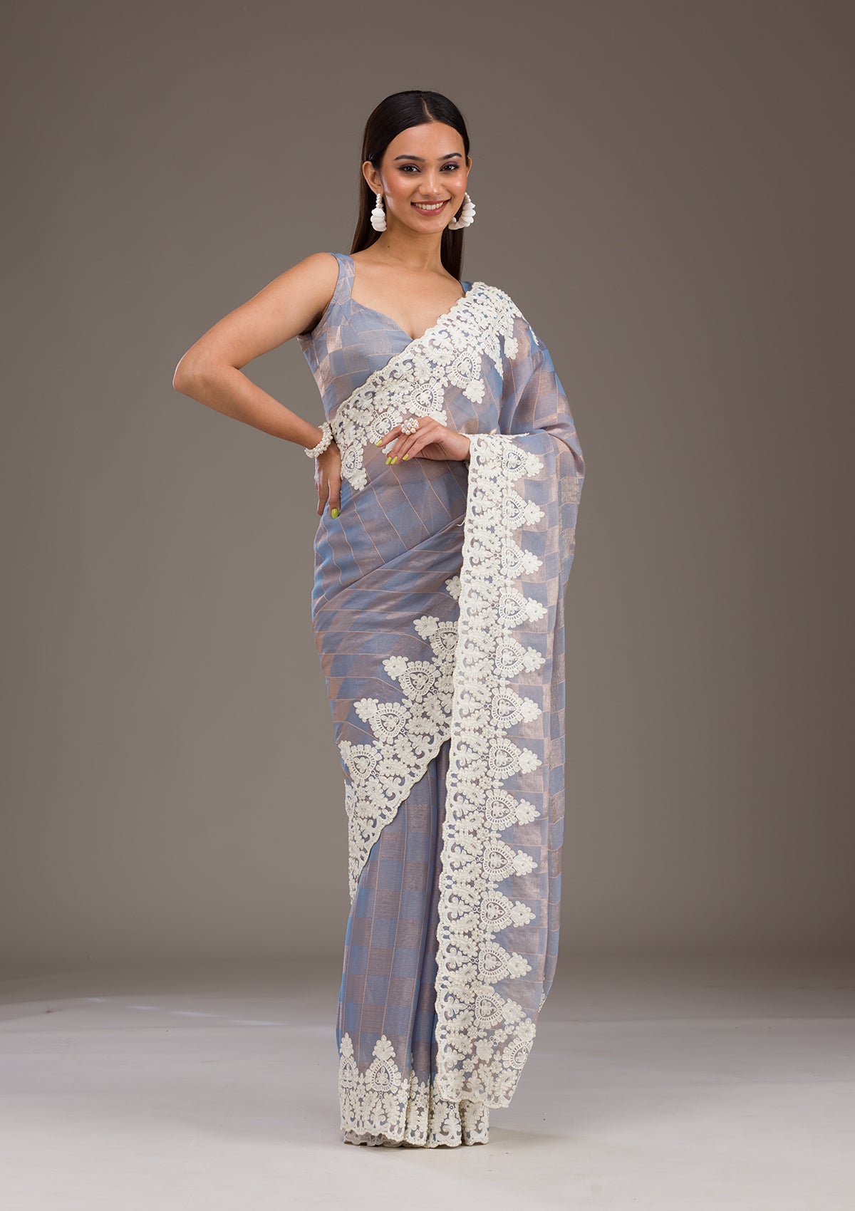 Koskii Grey Pearlwork Tissue Saree – Women's - view 6