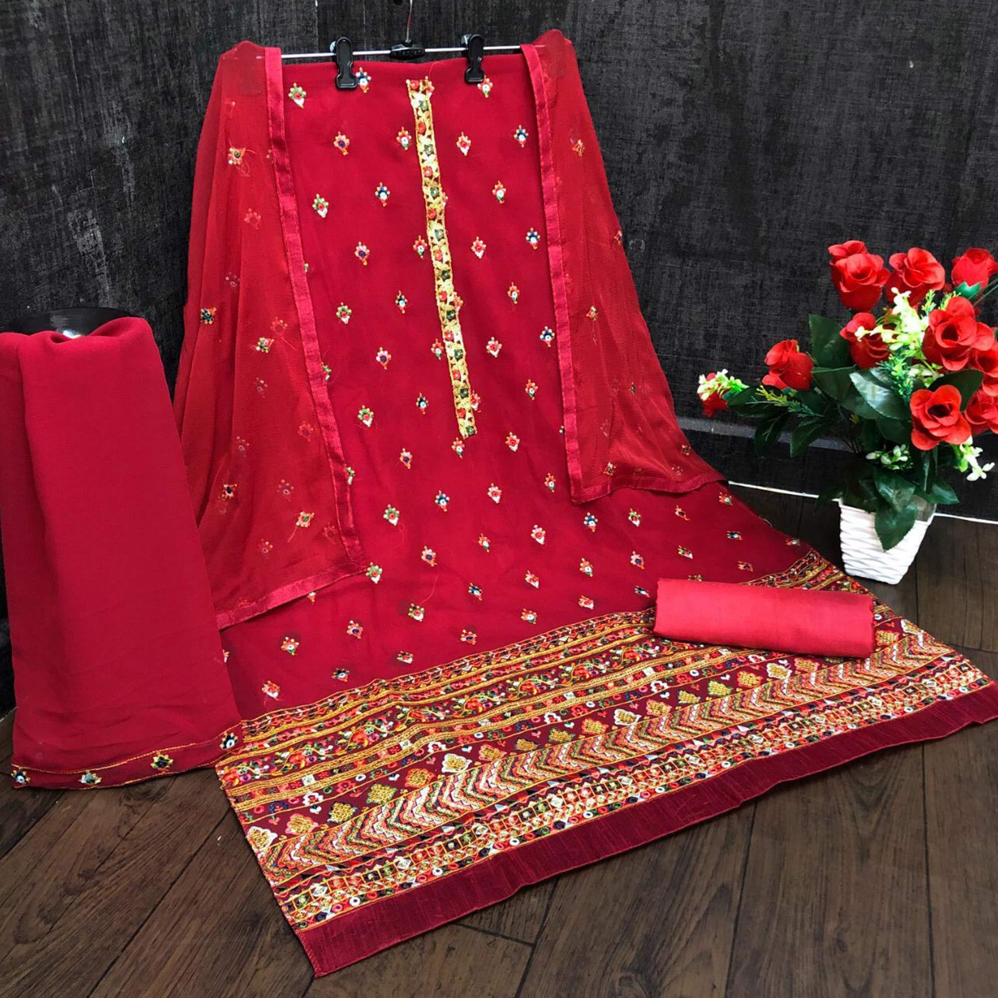 Peachmode Festive Wear Red Sequins Embroidery Work Faux Georgette Patiala Suit - view 2