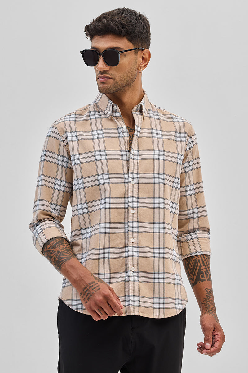 SNITCH Beige Checks Slim Fit Shirt