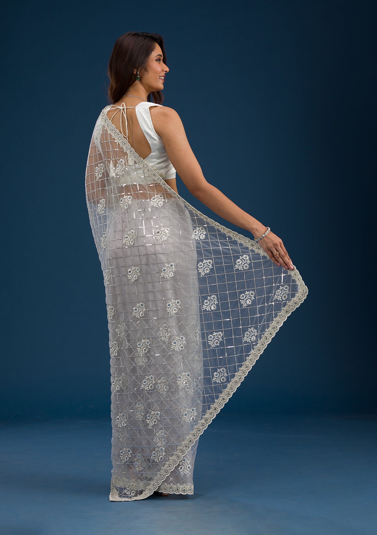 Koskii Off White Sequins Net Saree – Women's - view 2