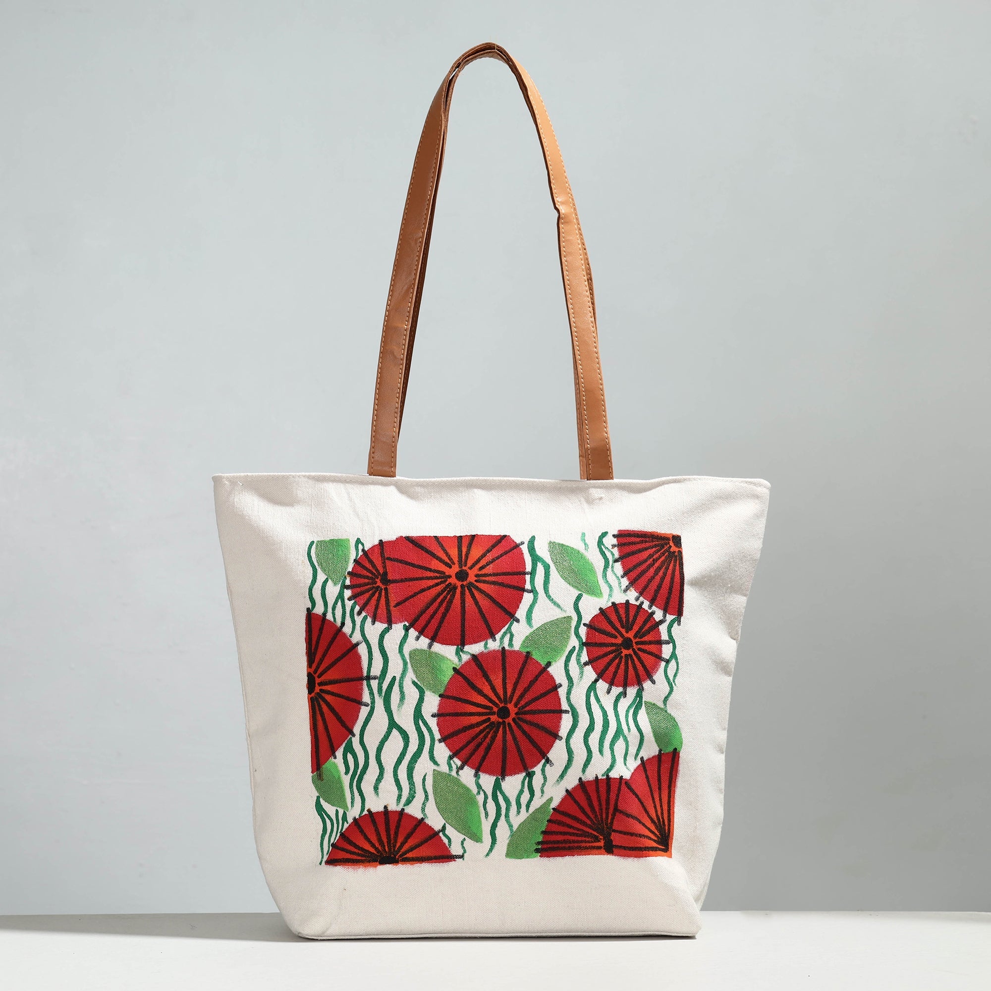 KHUSHBASH - HAPPY LOOM OF EAST Beige - Red Flower & Green Foliage - Handpainted Canvas Cotton Shoulder Bag - view 2