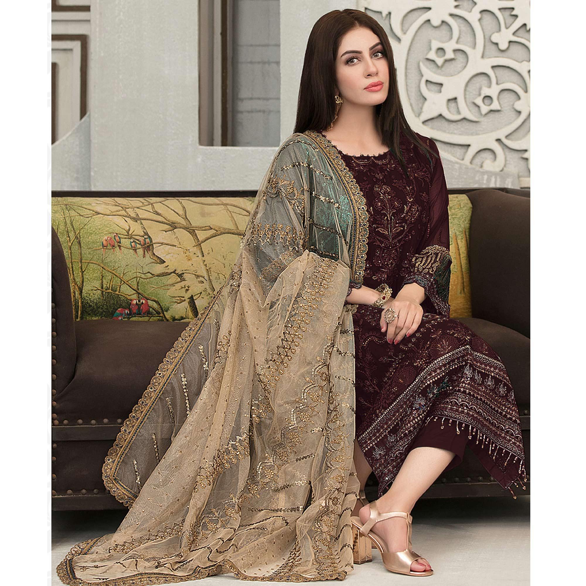 Peachmode Coffee Sequins With Floral Embroidered Georgette Pakistani Suit - view 4