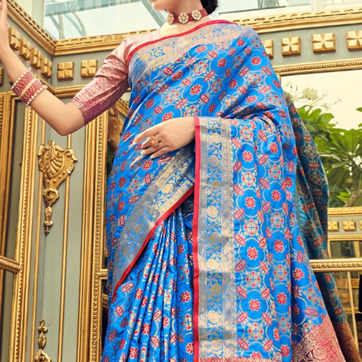 Peachmode Firoji-Blue Festive Wear Woven Zari Potola Silk Saree - view 2