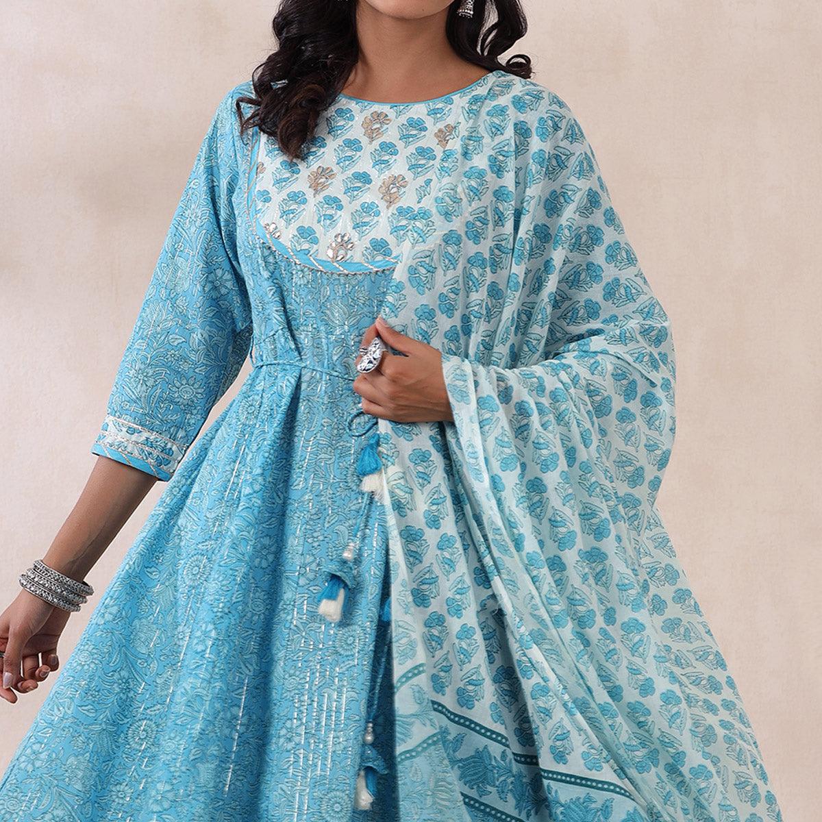 Peachmode Light Blue Printed Pure Cotton Anarkali Suit - view 2