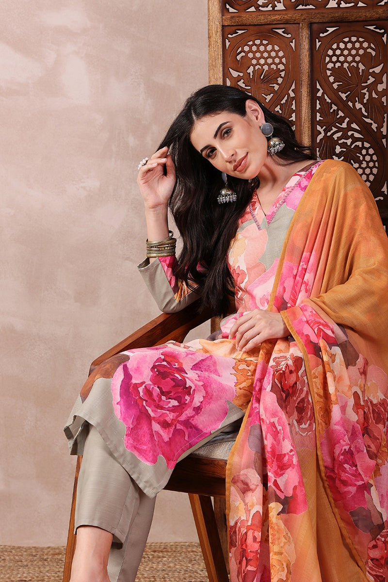 Ahika Olive Green Rayon Blend Floral Printed Straight Trouser Bottom Suit Set PKSKD2556OLV - view 2