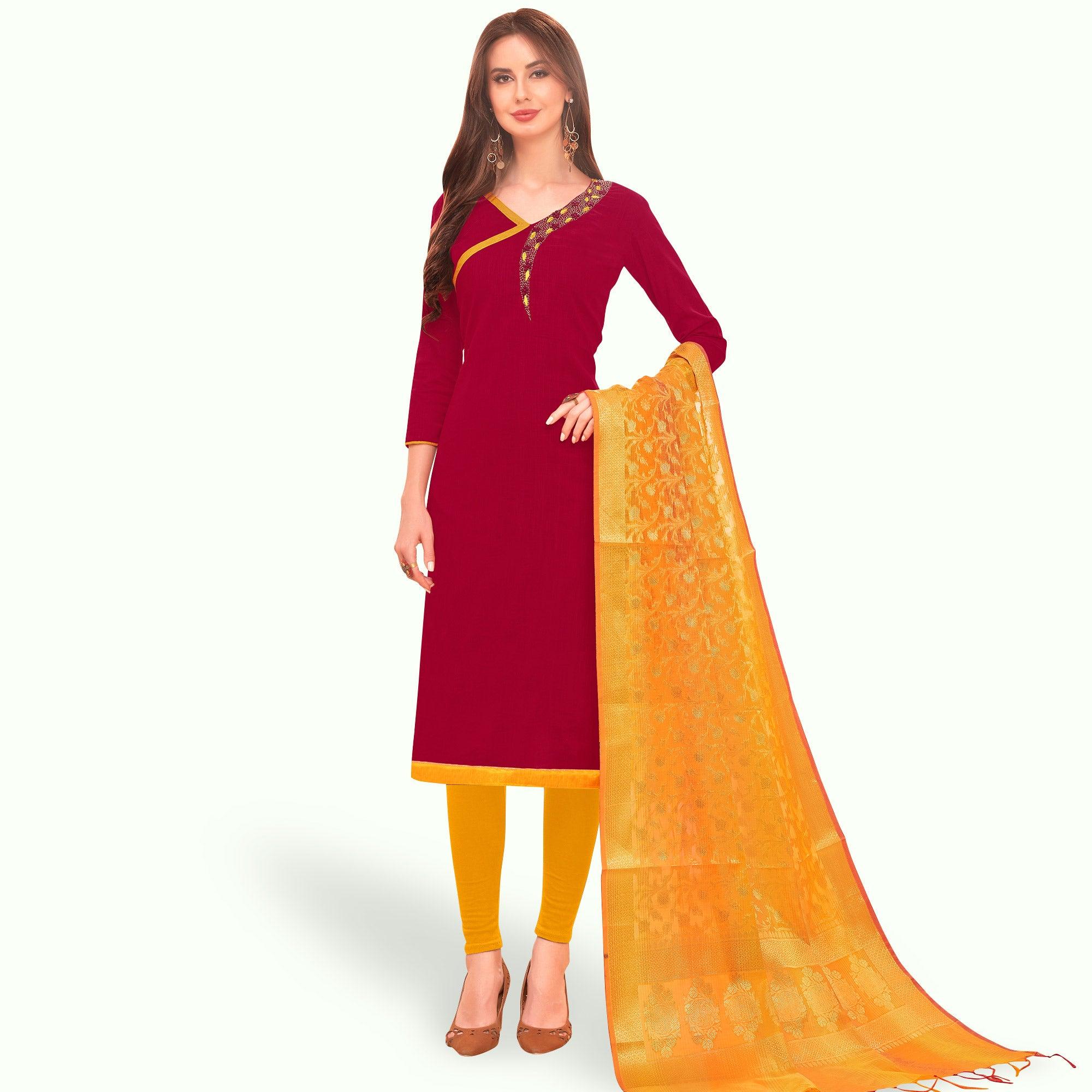 Peachmode Ideal Magenta Pink Colored Casual Wear Embroidered Cotton Dress Material With Banarasi Silk Dupatta