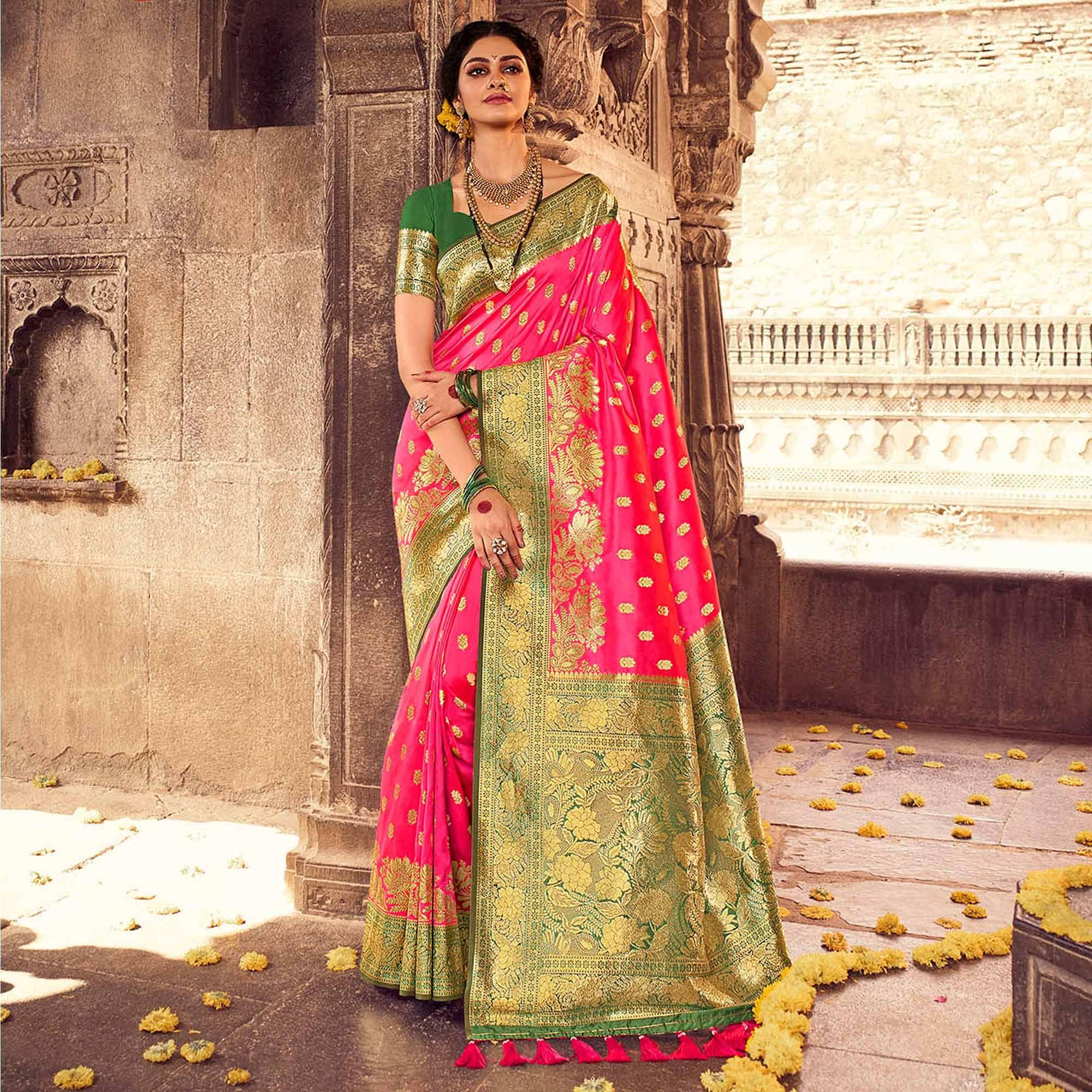 Peachmode Dark Pink & Green Festive Wear Woven Banarasi Silk Saree