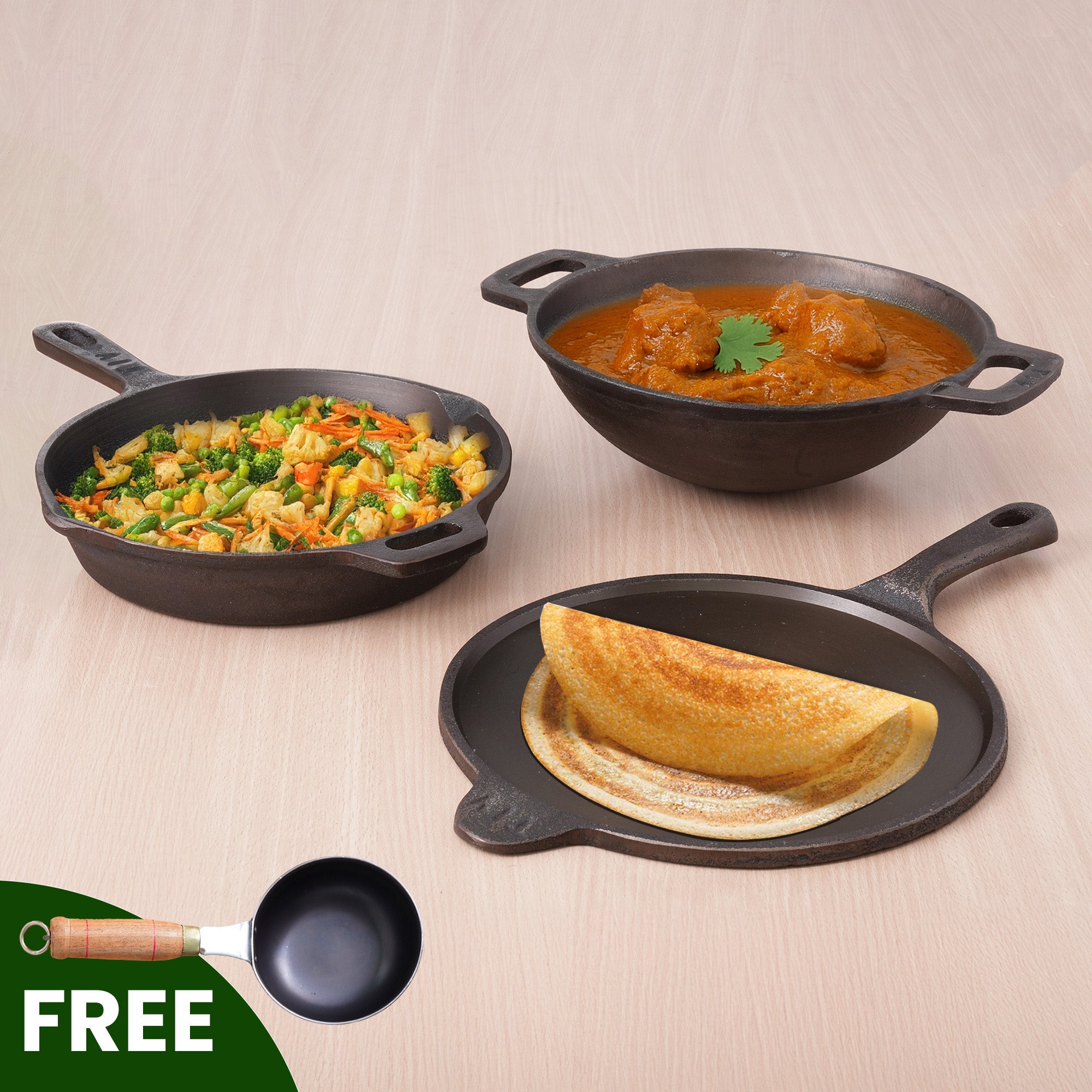 The Indus Valley Super Smooth Cast Iron Set: Free ₹400 Tadka Pan+ Kadai+ Tawa+ Frypan, Kitchen set for Home, Nonstick, 100% Pure,Toxin-free