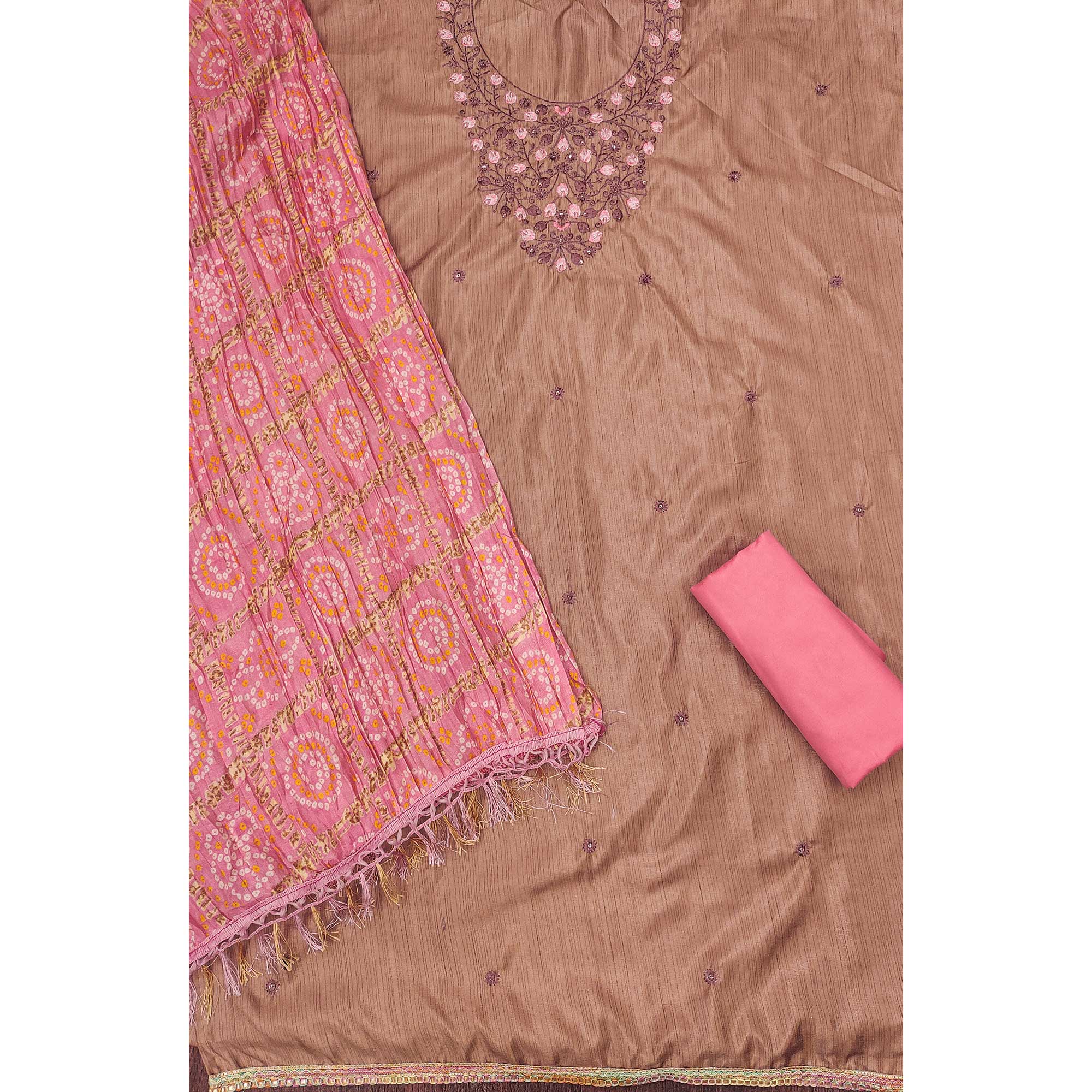 Peachmode Chikoo Floral Sequins Embroidered Cotton Blend Dress Material - view 4