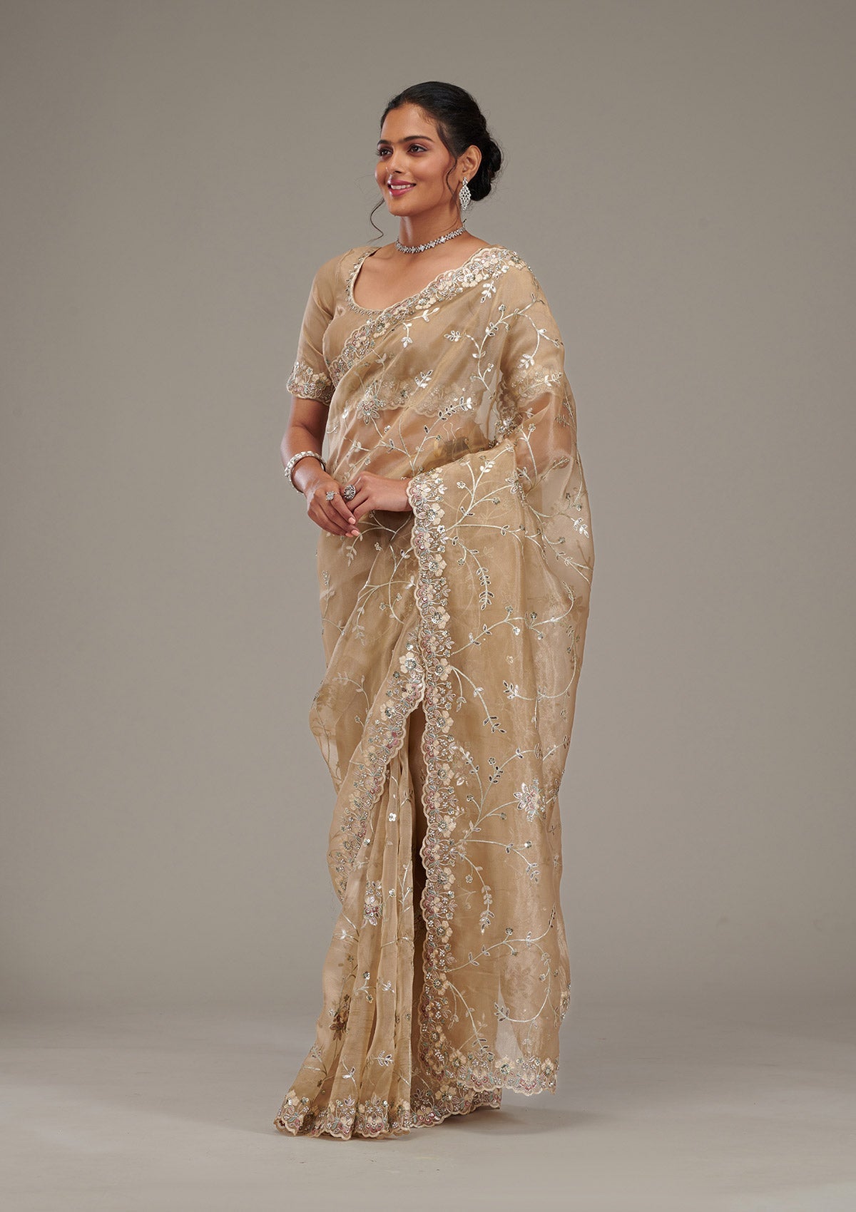 Koskii Beige Zariwork Tissue Saree – Women's - view 4