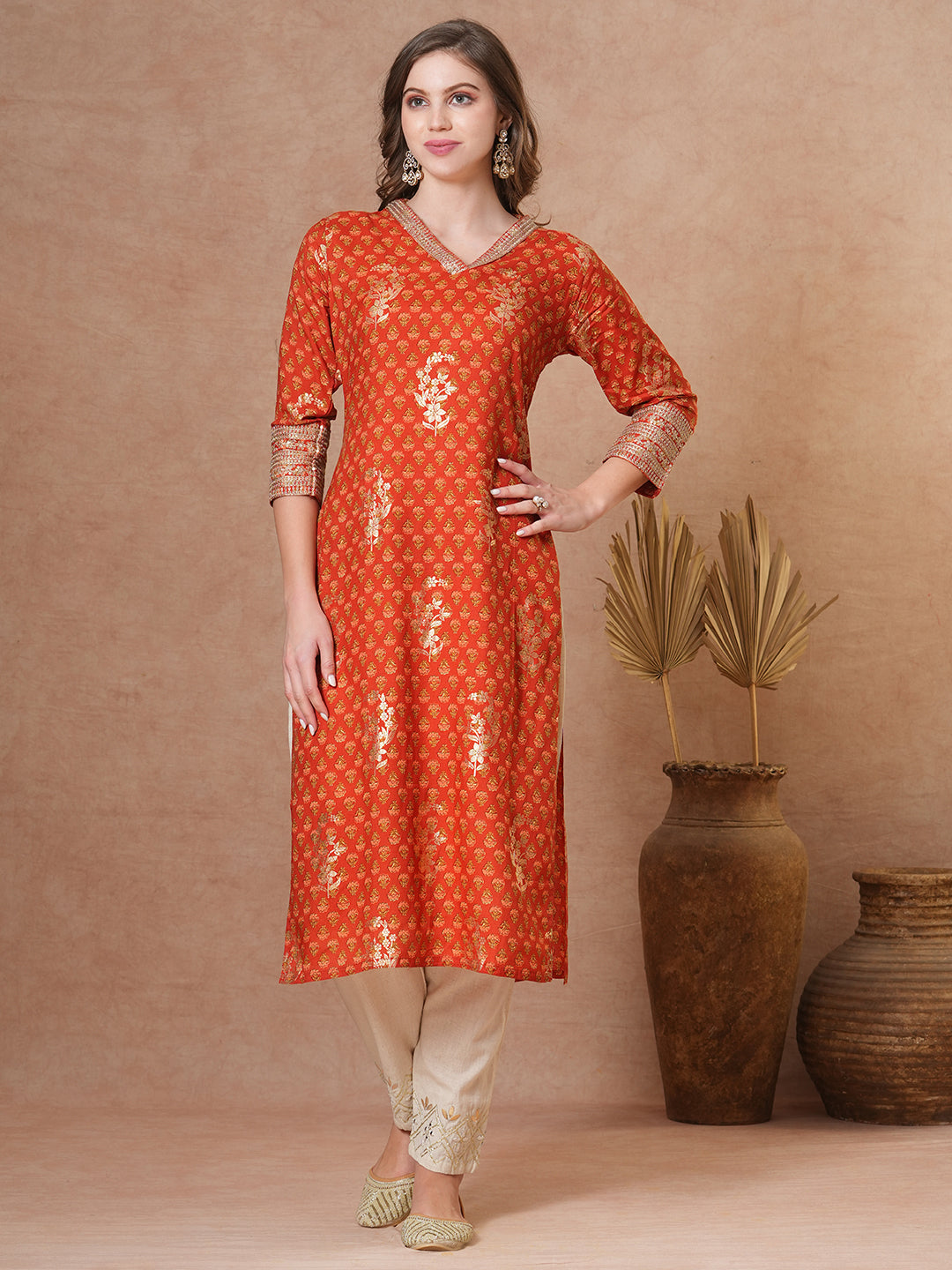 FASHOR Ethnic Floral Foil Printed & Embroidered Straight Fit Kurta - Brown - view 3