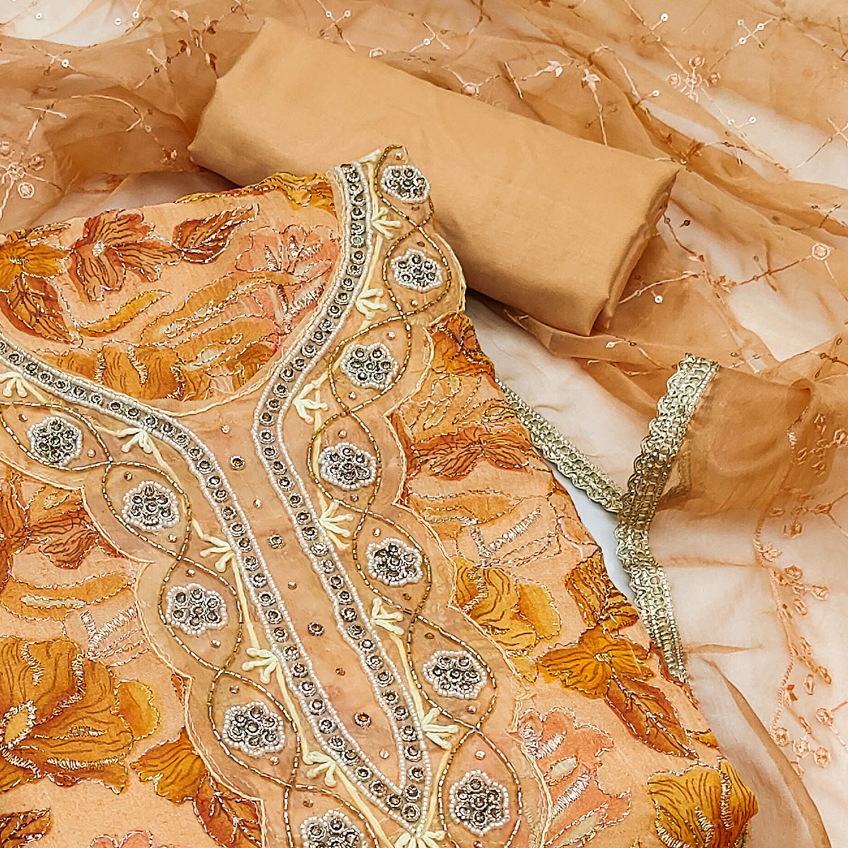 Peachmode Chikoo Floral Printed Organza Dress Material - view 2