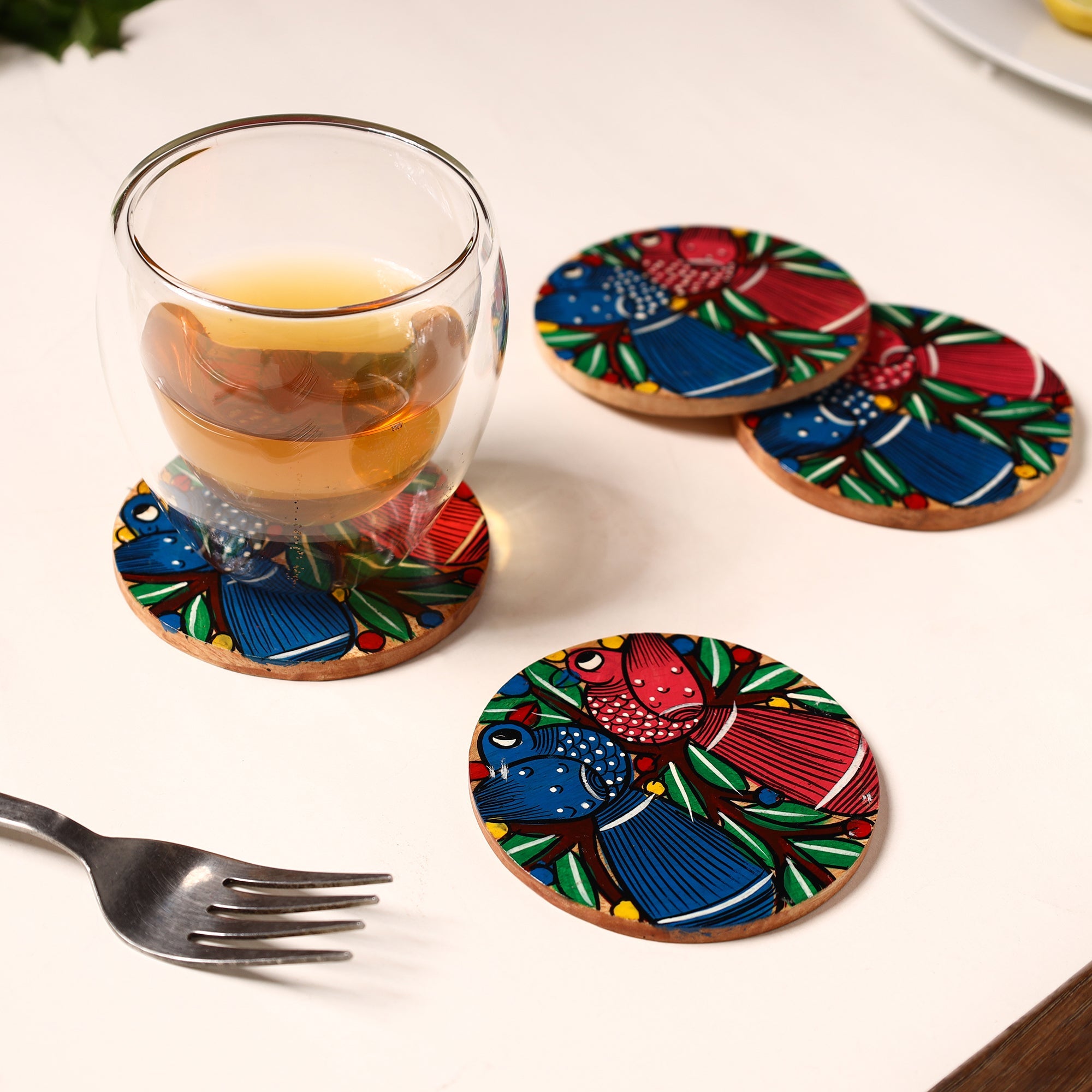 ITOKRI CRAFTS INITIATIVE Bengal Patua Handpainted Akashmoni Wooden Coasters (Set of 4) 42 - view 3