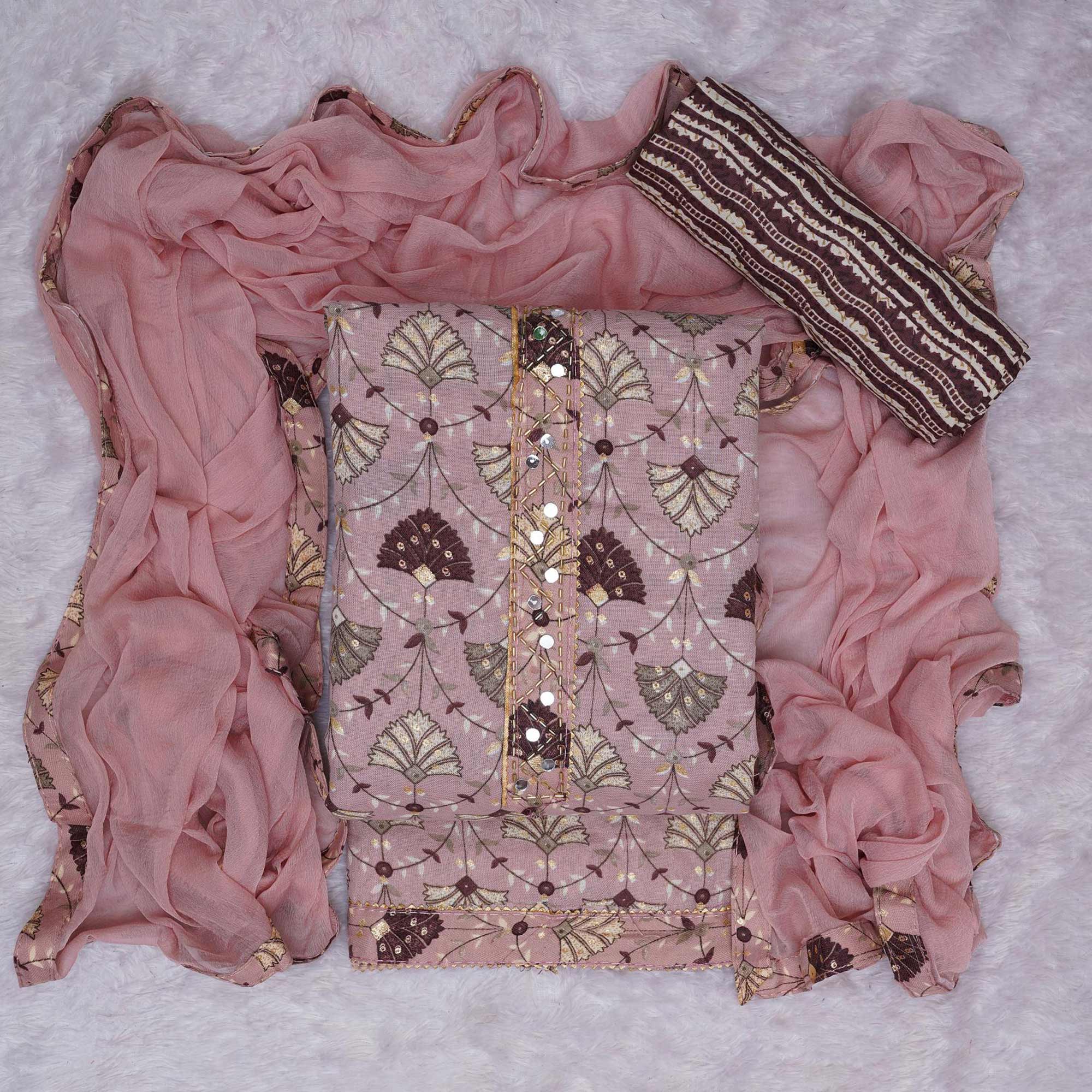 Peachmode Mauve Floral Foil Printed Cotton Blend Dress Material