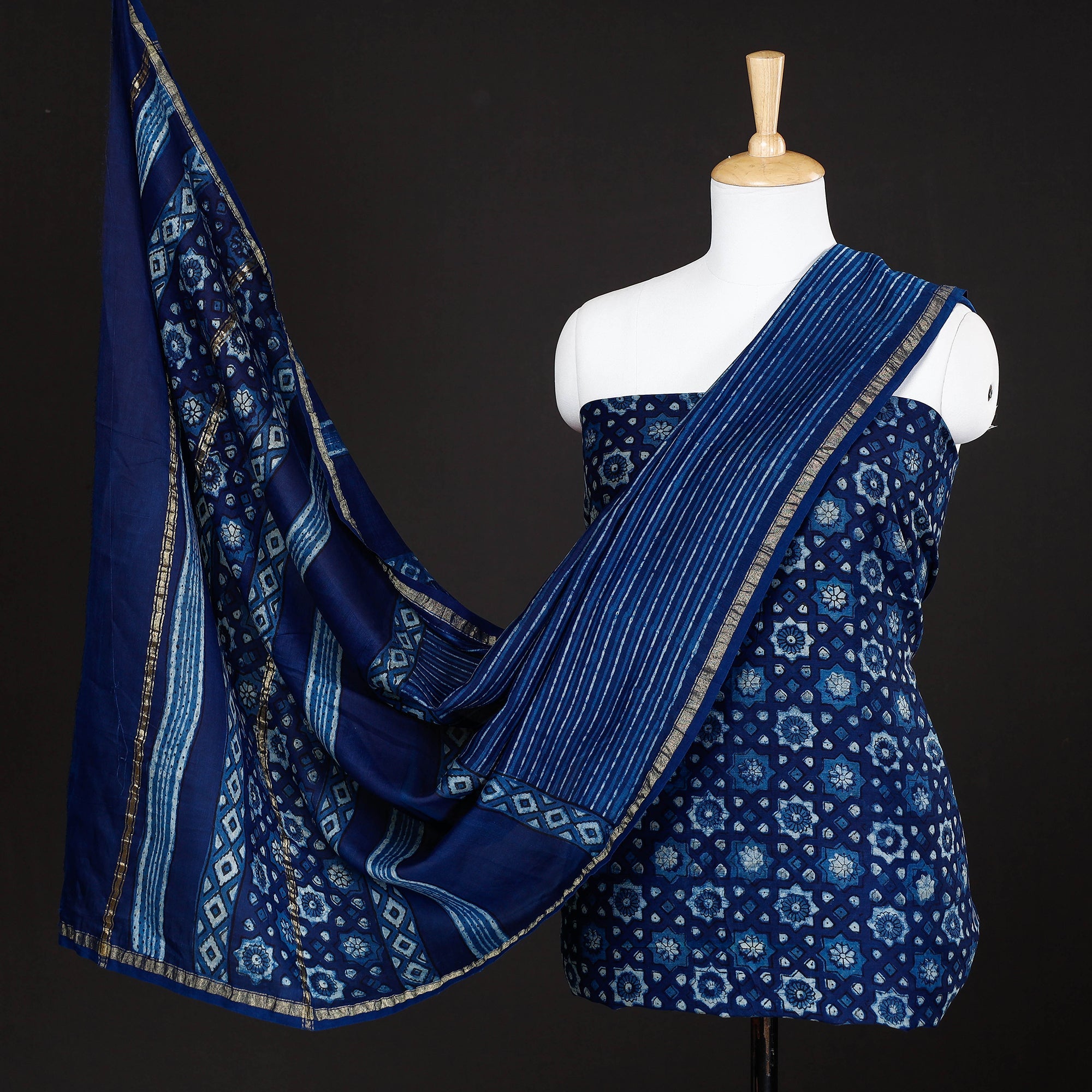 HAVELI CHRONICLES Blue - 3pc Akola Block Printed Chanderi Silk Suit Material Set